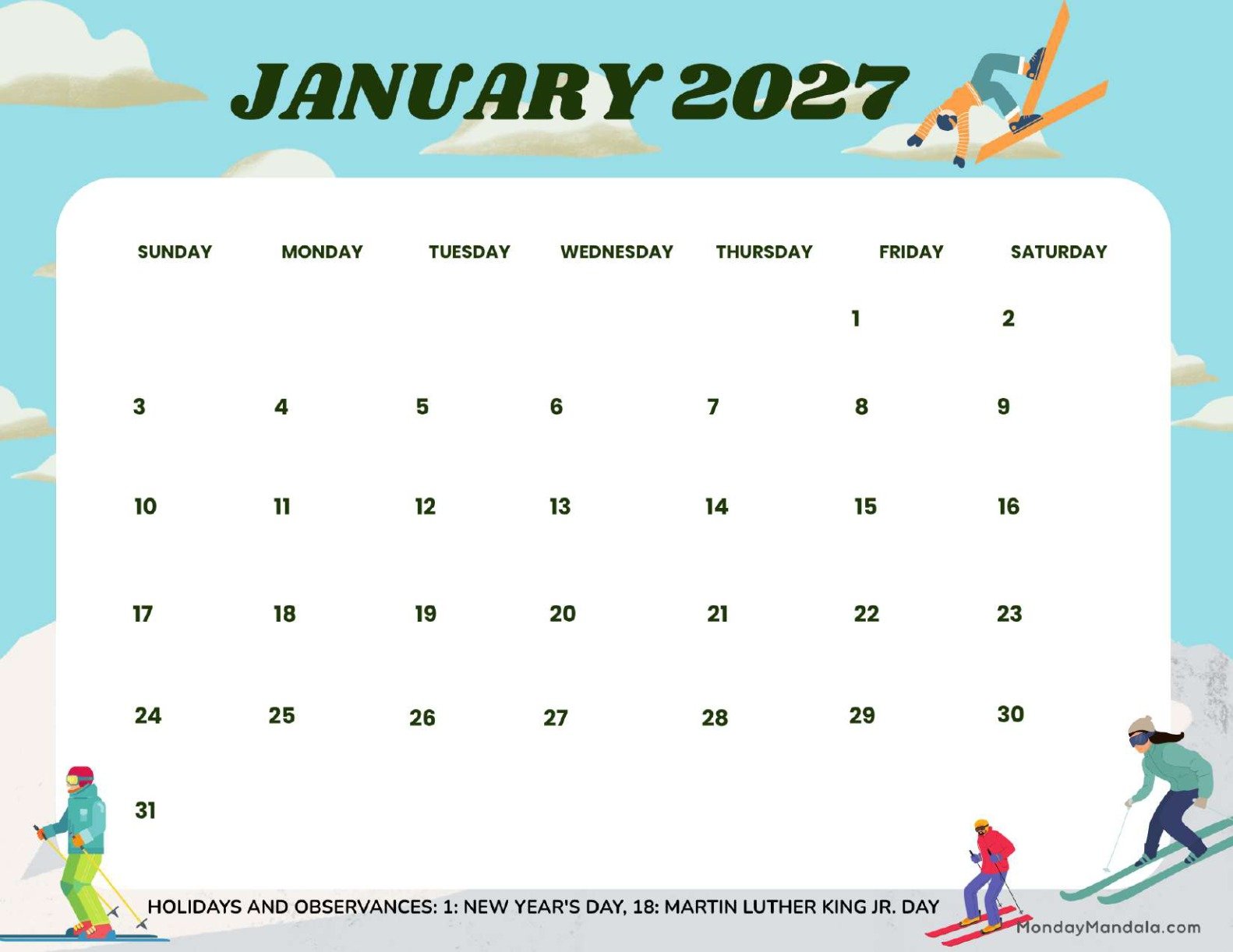 January 2027 Calendar Printable Ski Landscape
