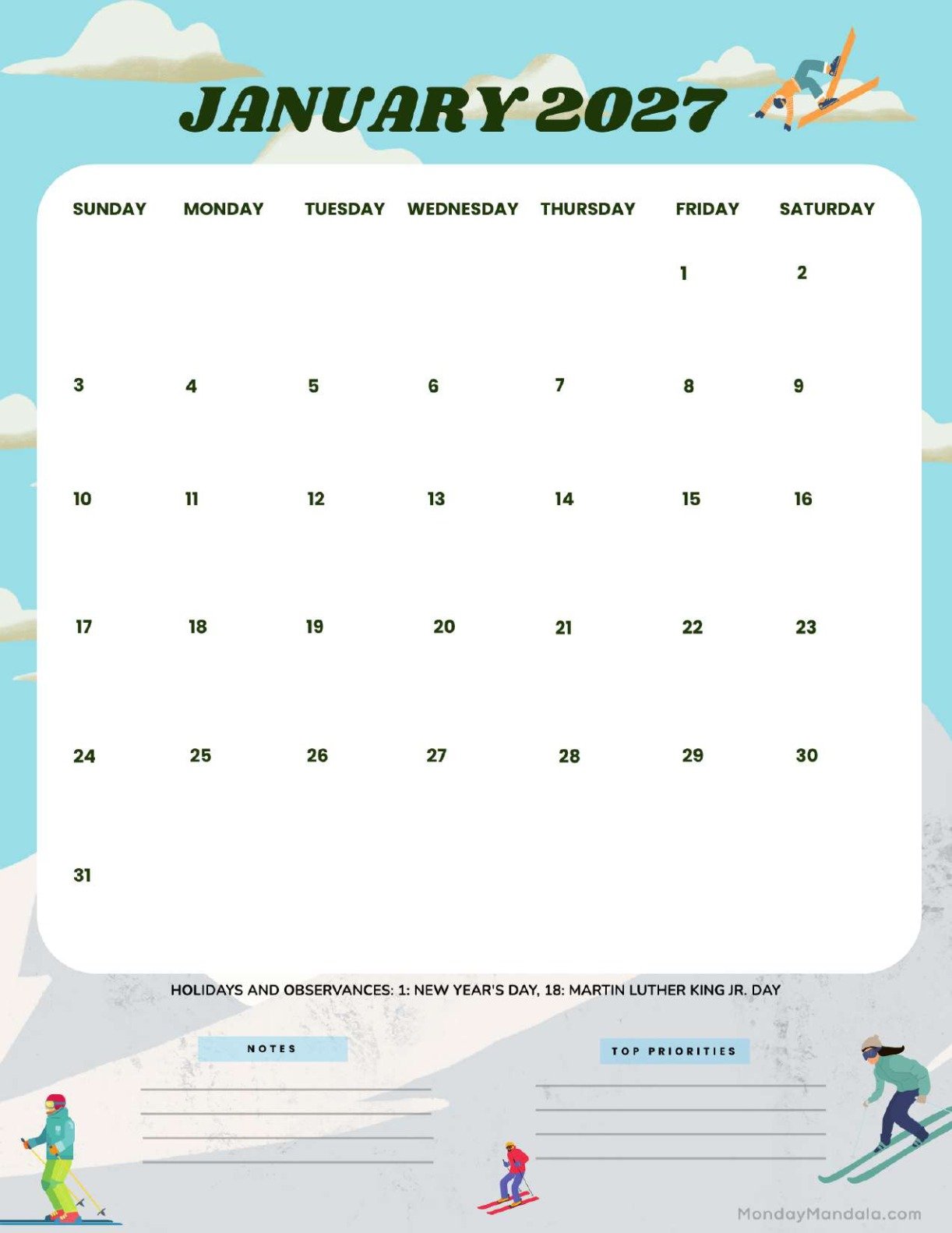 January 2027 Calendar Printable Ski Portrait