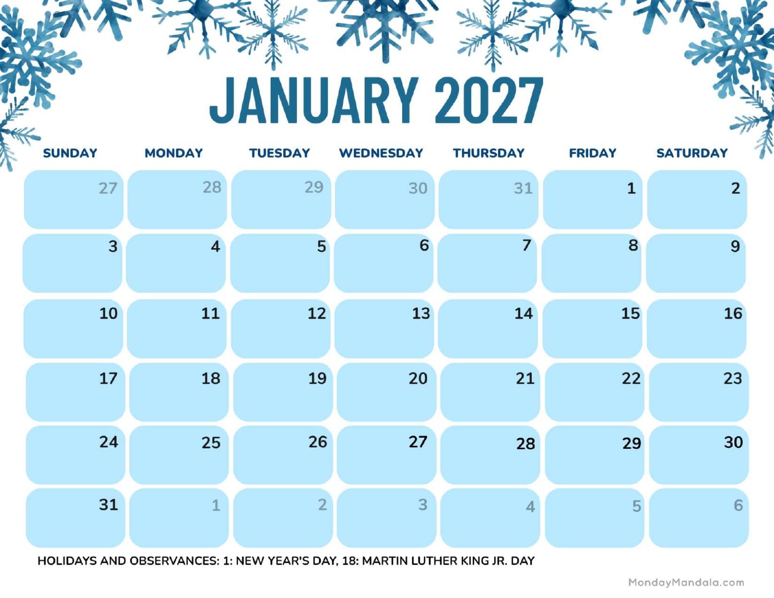 January 2027 Calendar Printable Snowflakes Landscape