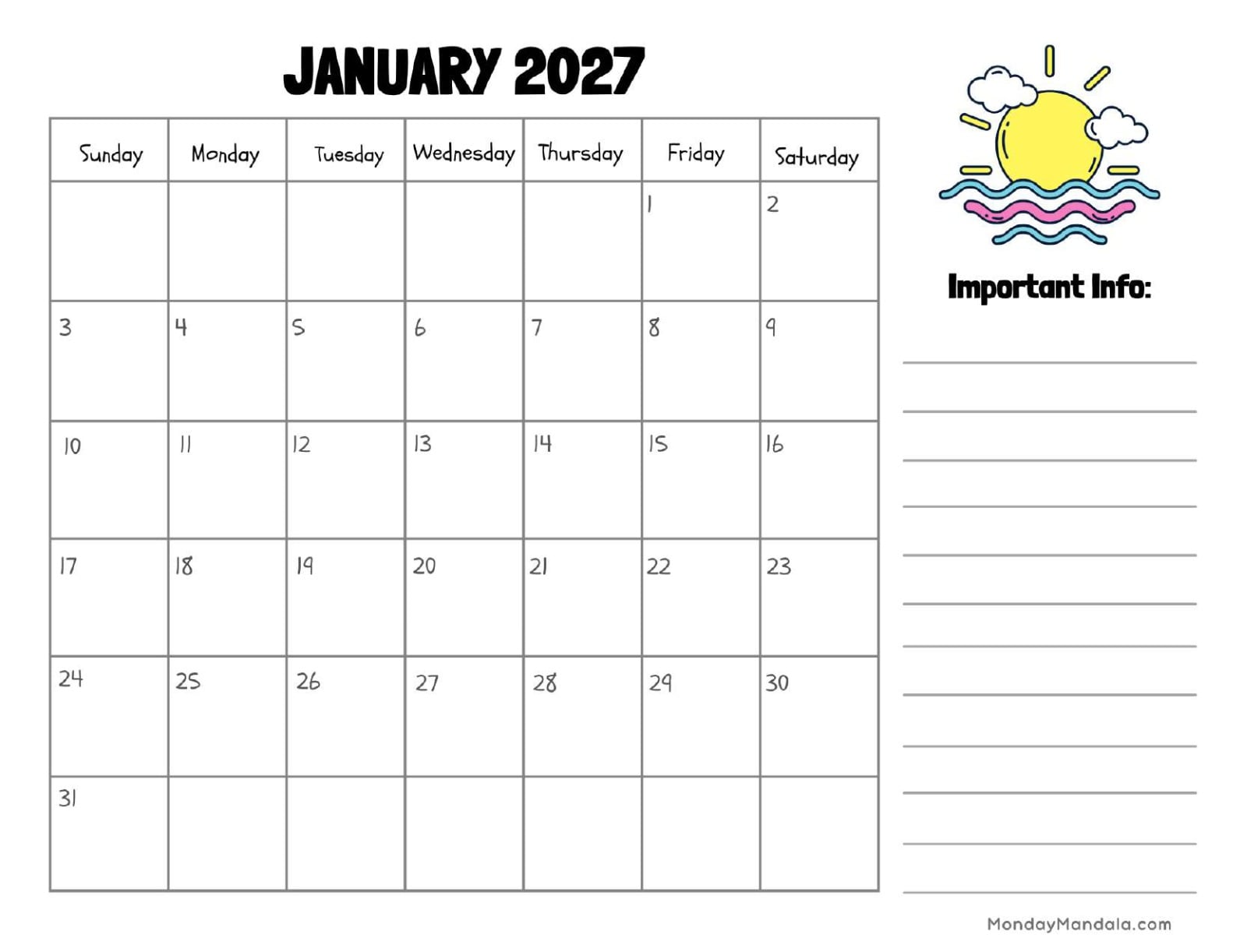 January 2027 Calendar Printable Sun Landscape