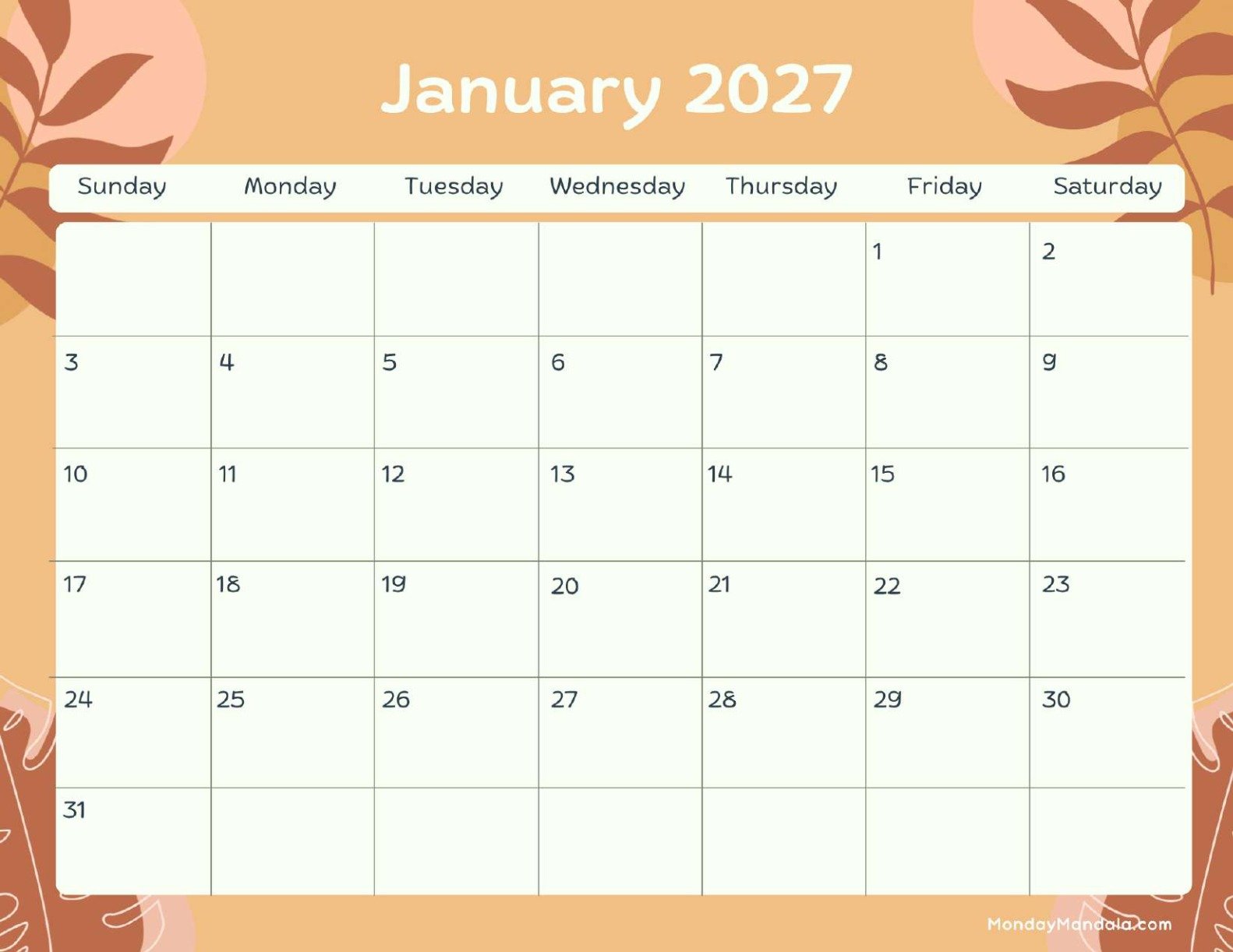 January 2027 Calendar Printable Terracotta Landscape