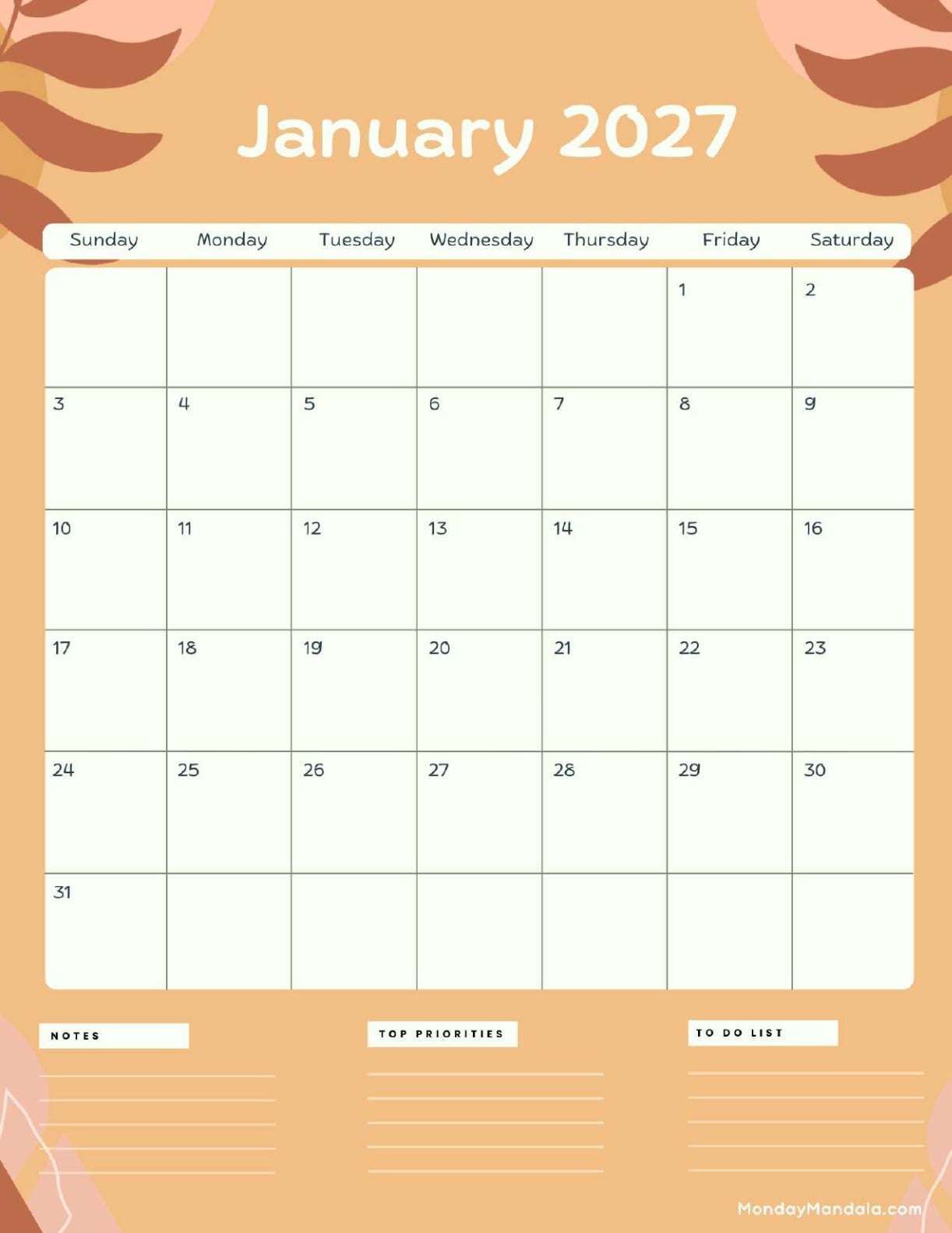 January 2027 Calendar Printable Terracotta Portrait