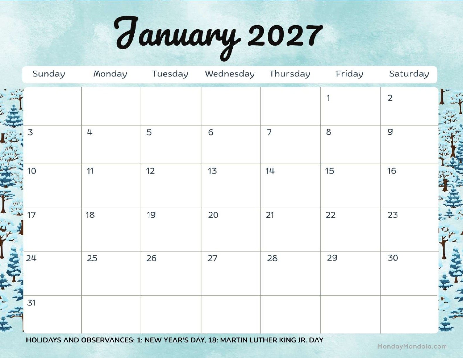 January 2027 Calendar Printable Trees Landscape