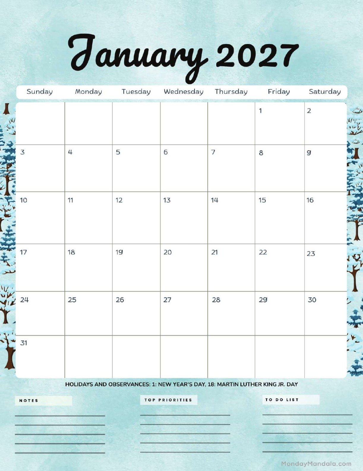 January 2027 Calendar Printable Trees Portrait