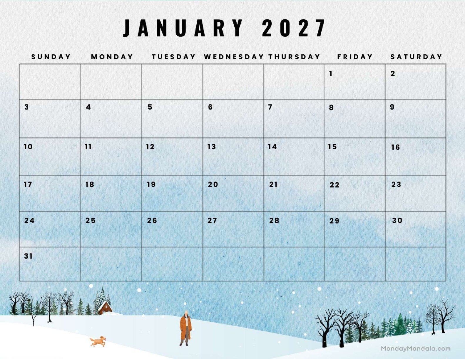 January 2027 Calendar Printable Watercolor Landscape
