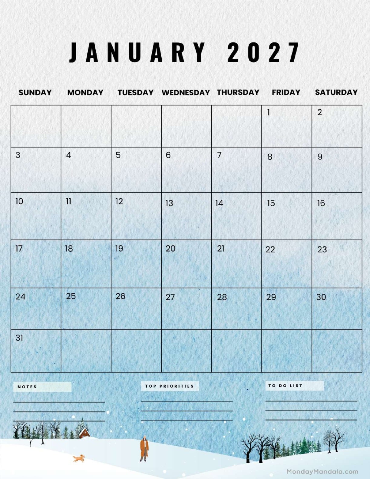 January 2027 Calendar Printable Watercolors Portrait