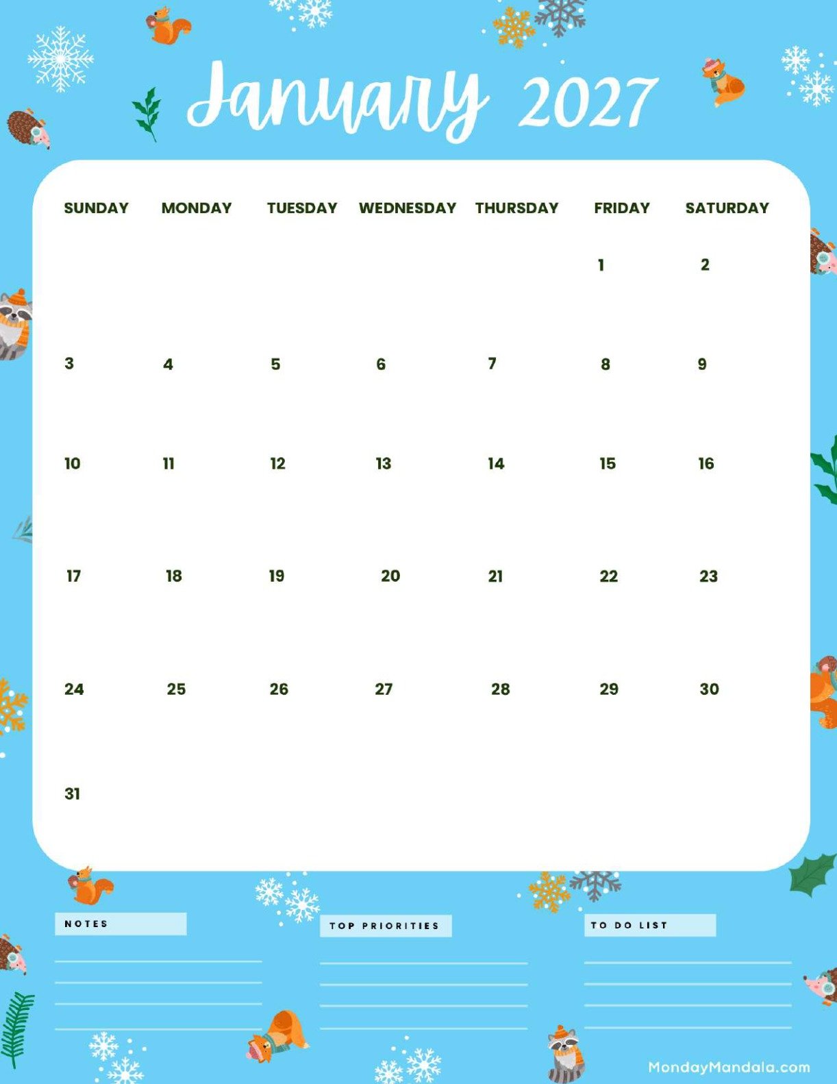 January 2027 Calendar Printable Winter Portrait