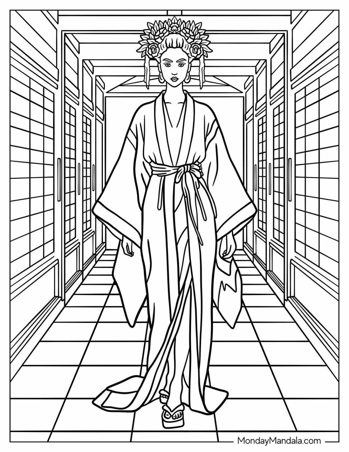 Japanese Woman in Kimono with Flowing Sleeves and Ornate Floral Headdress Fashion Coloring Page