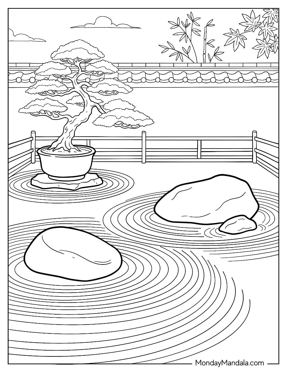 Japanese Zen Garden with Bonsai Tree, Rocks, and Raked Gravel Coloring Page
