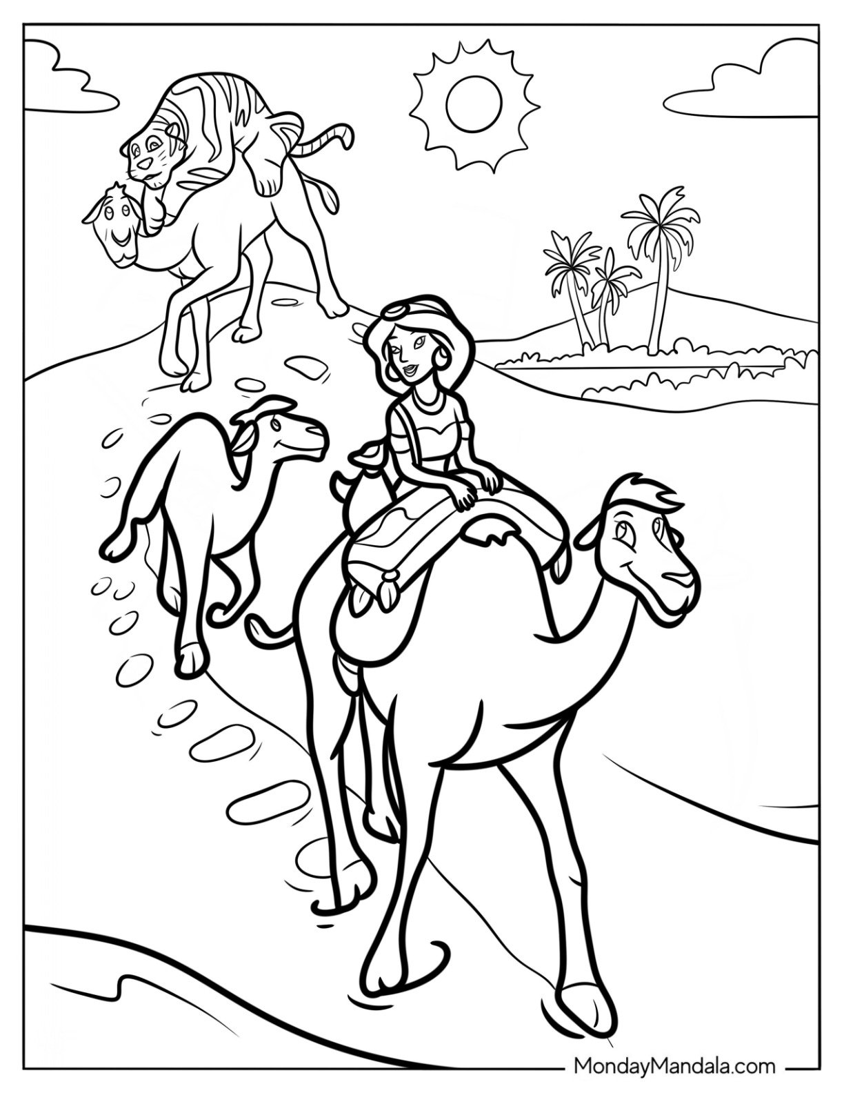 Jasmine And Rajah Riding Camel Coloring Page