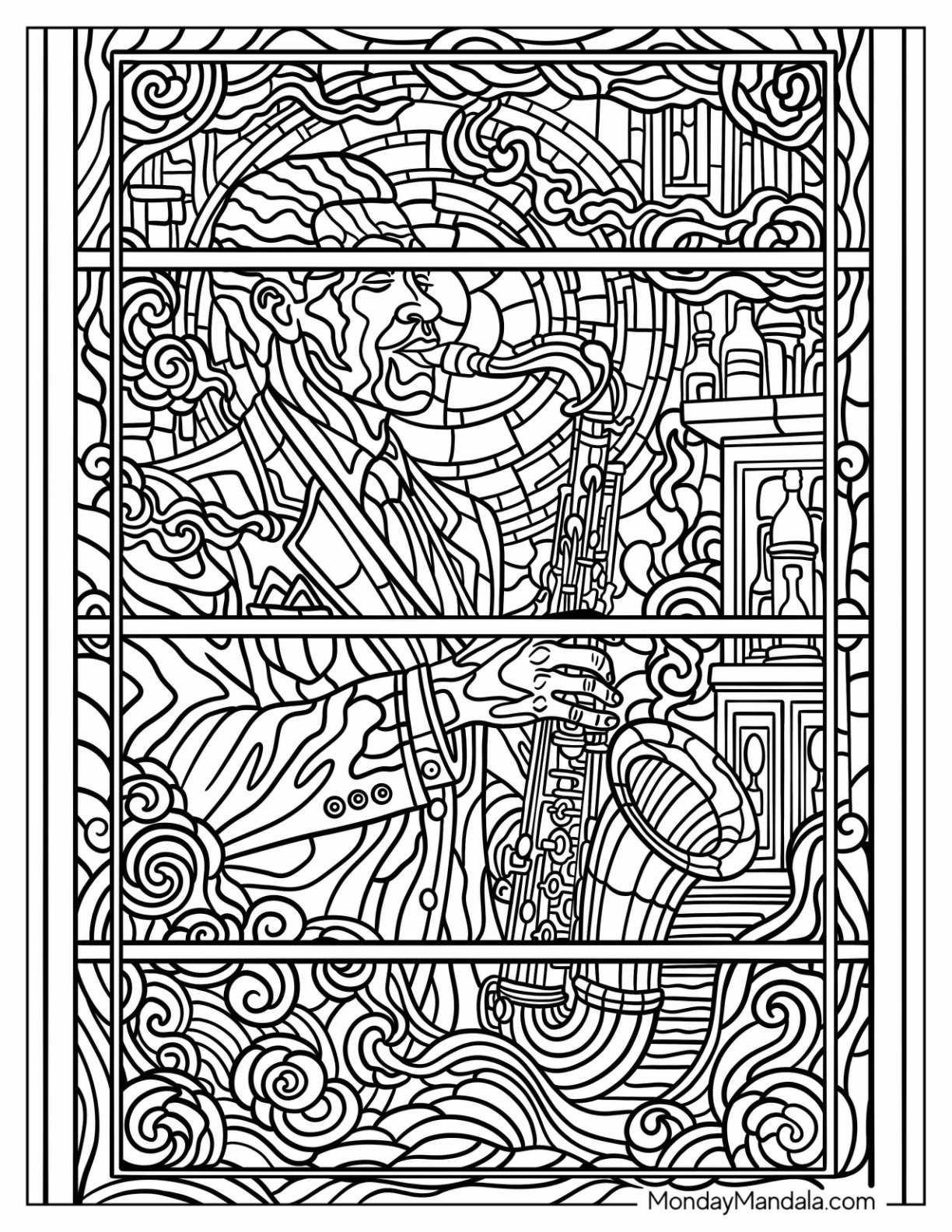 Jazz Musician Playing Saxophone in a Smoky Bar Stained Glass Coloring Page