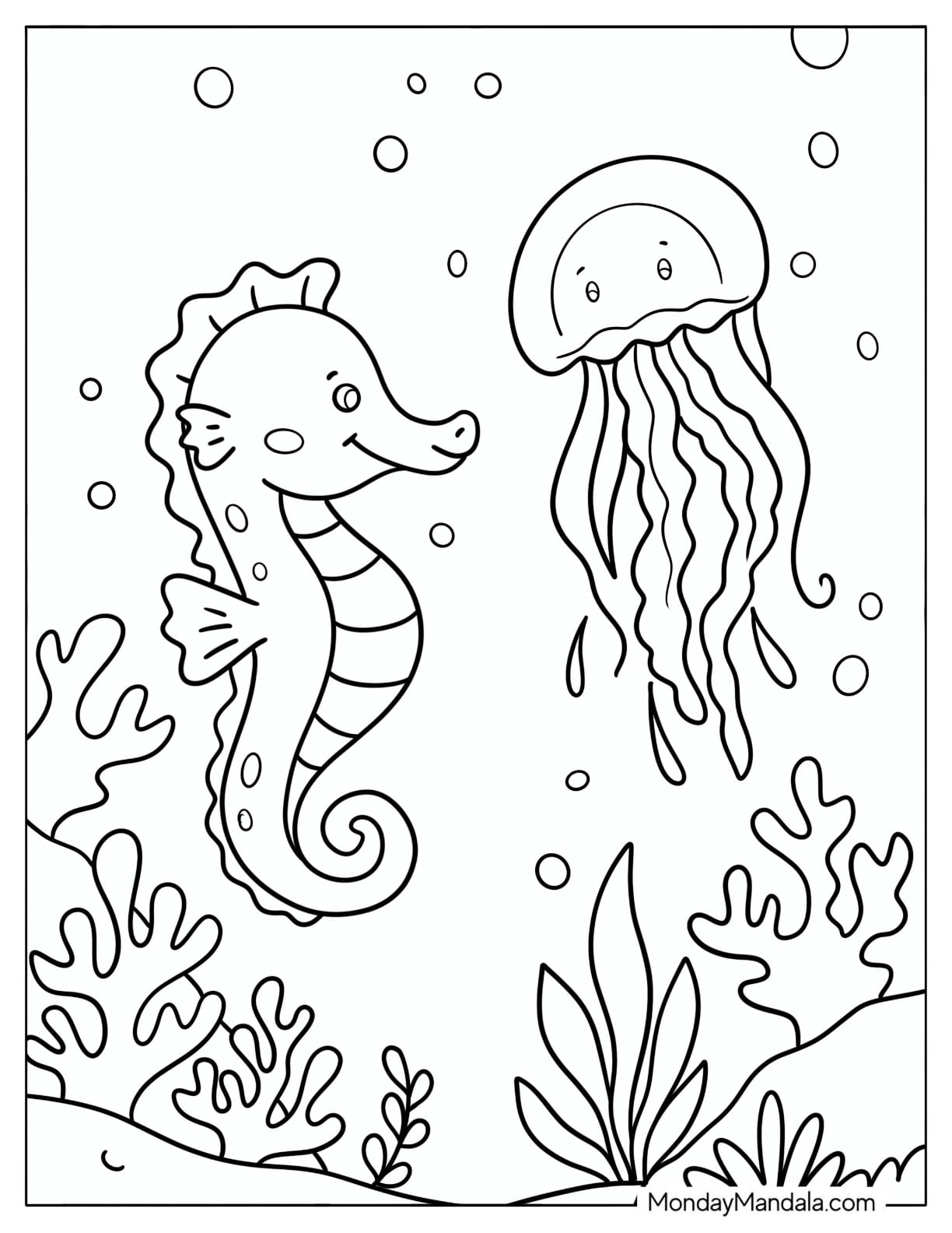 Jellyfish Swimming with Seahorse Coloring Sheet for Kids