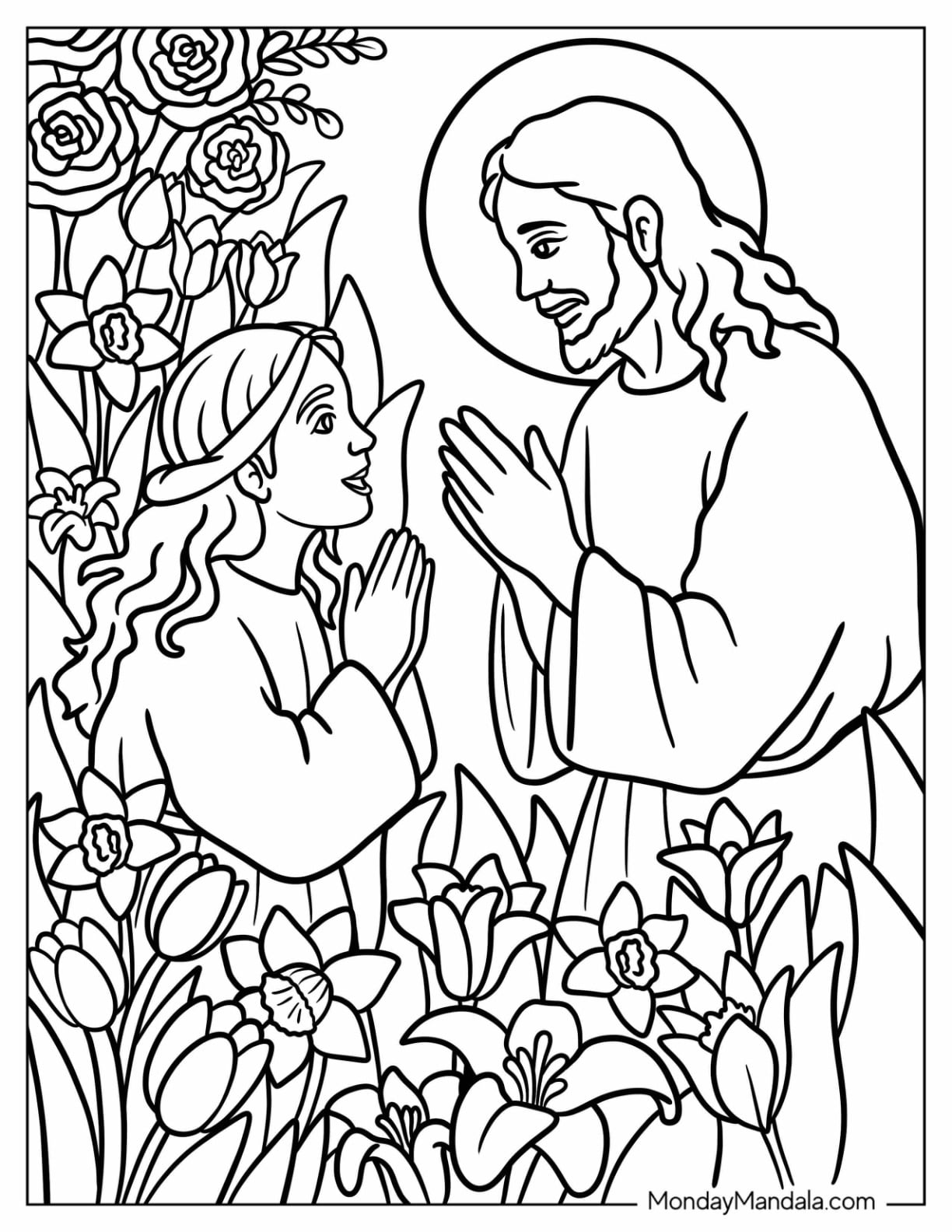 Religious Easter Coloring Page of Jesus Listening to Prayers for Kids