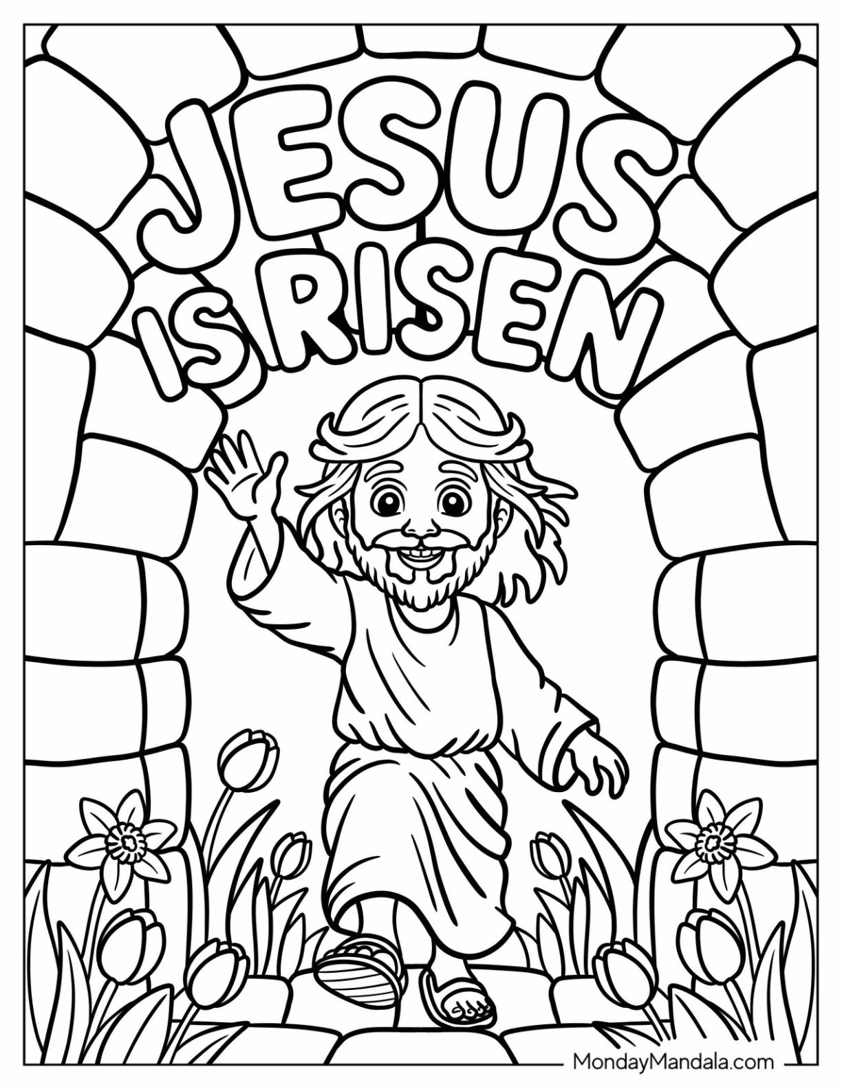 Religious Easter Coloring Page of Jesus Waving While Walking Out the Tomb