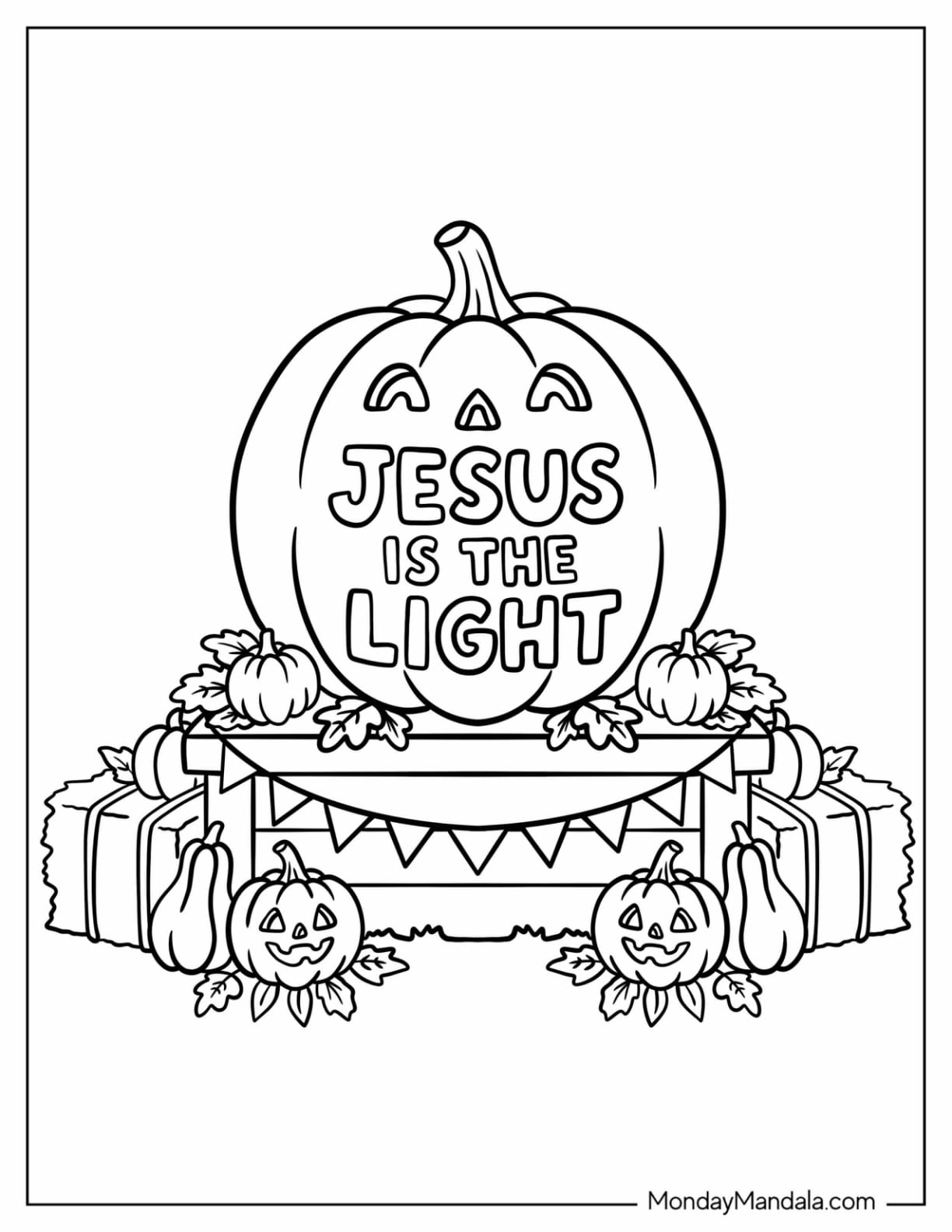 Christian Halloween Coloring Page of Jesus is the Light Words on a Pumpkin on Halloween