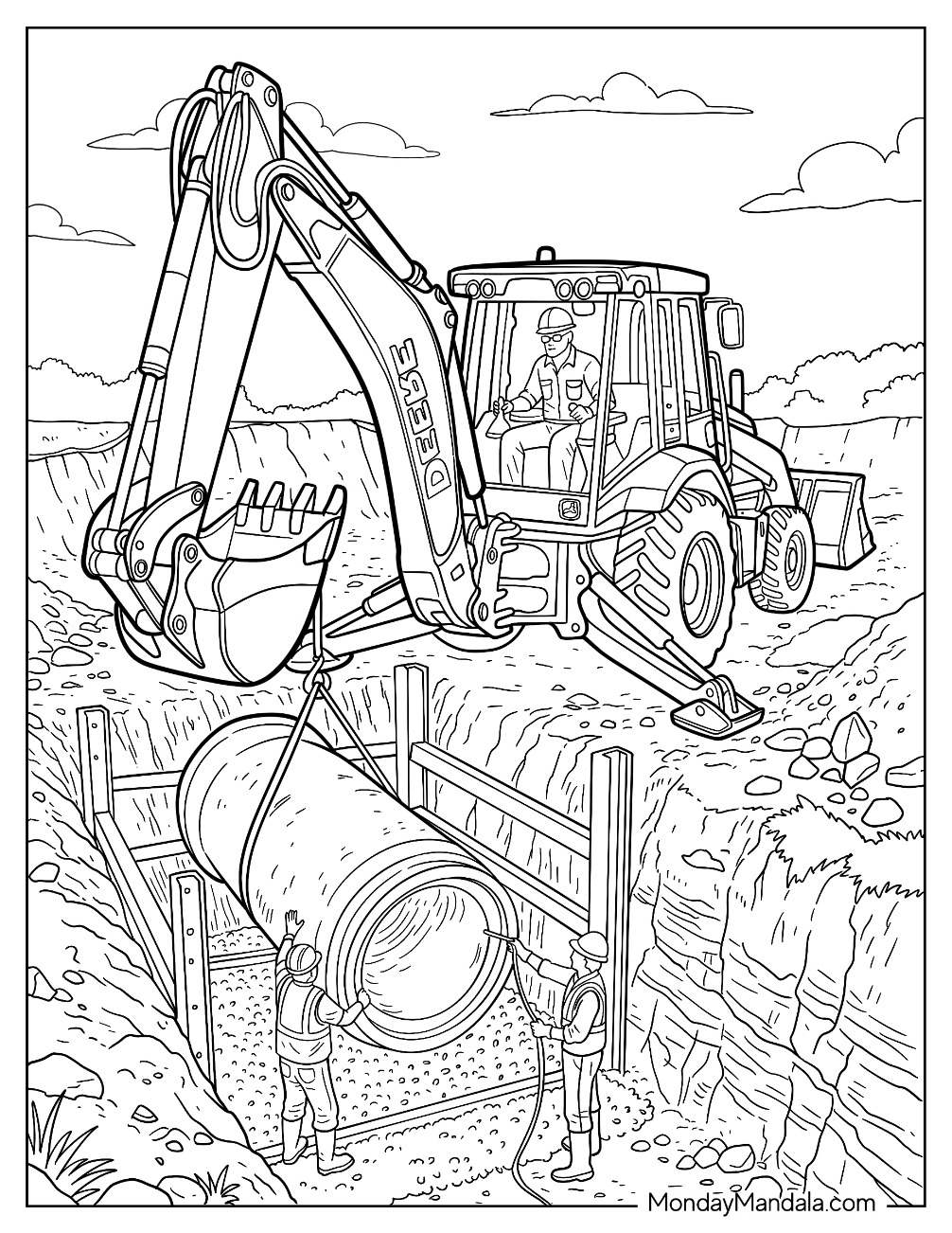 John Deere Backhoe Loader Installing a Large Underground Pipe Coloring Page