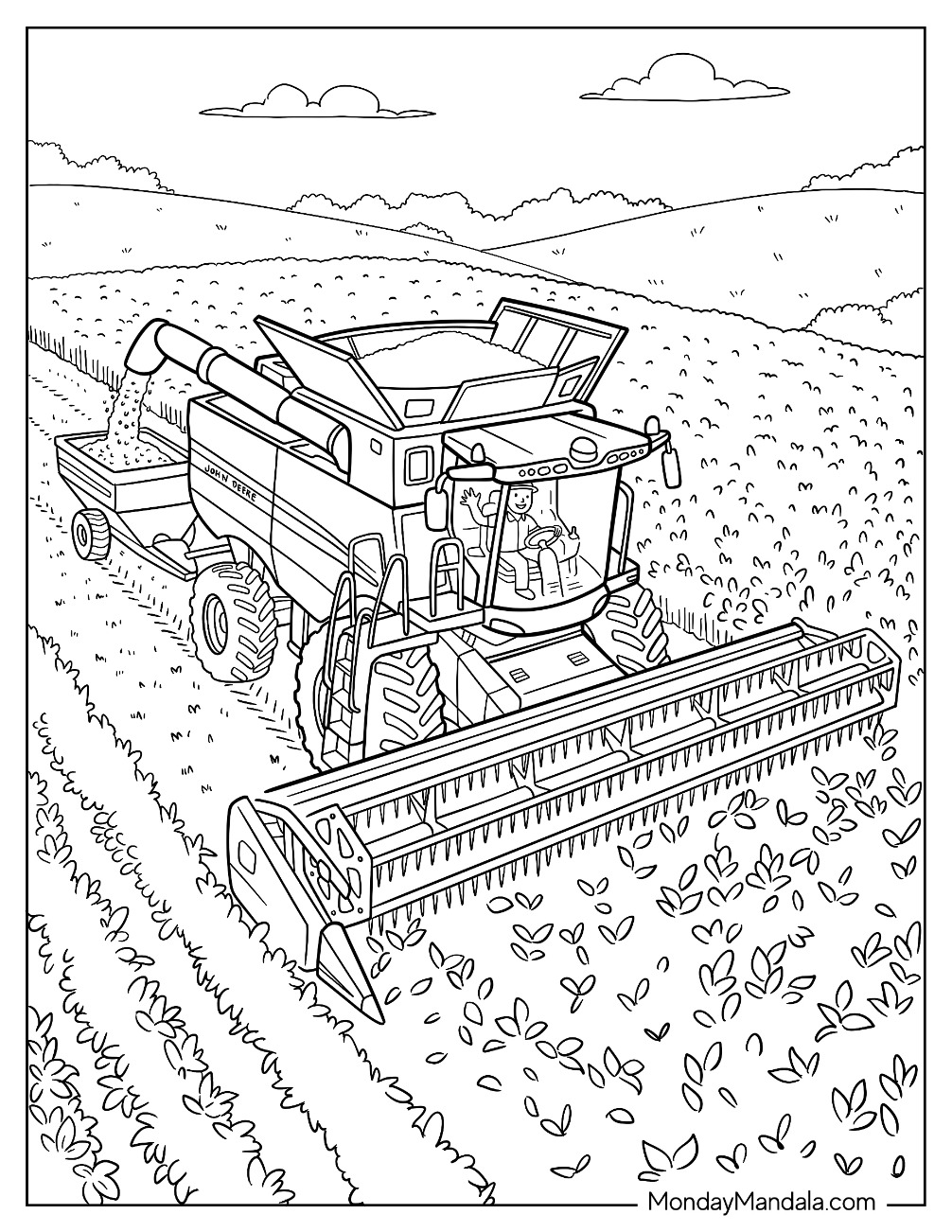 John Deere Combine Harvester Harvesting Crops Coloring Sheet