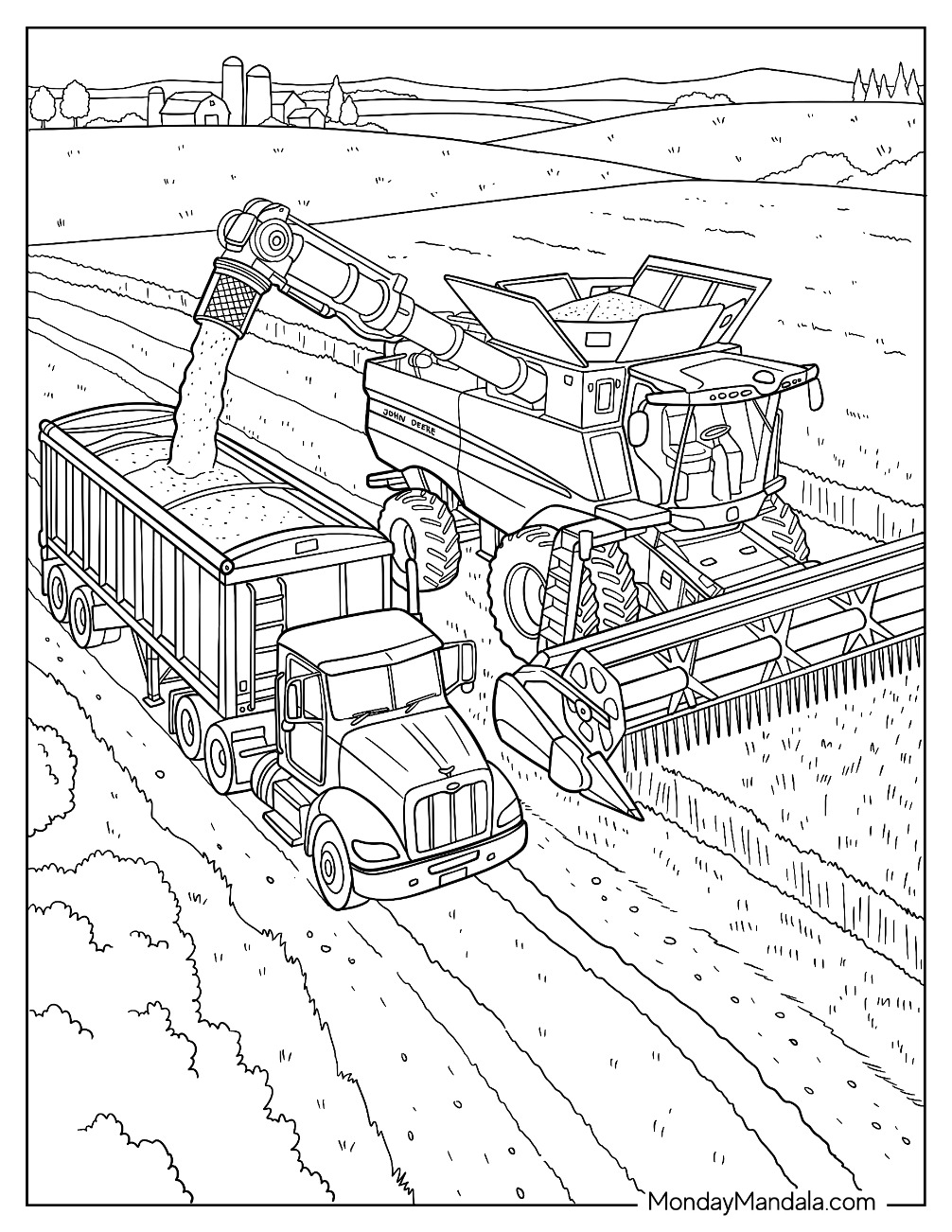 John Deere Combine Harvester Unloading Grain into a Semi Truck Coloring Sheet