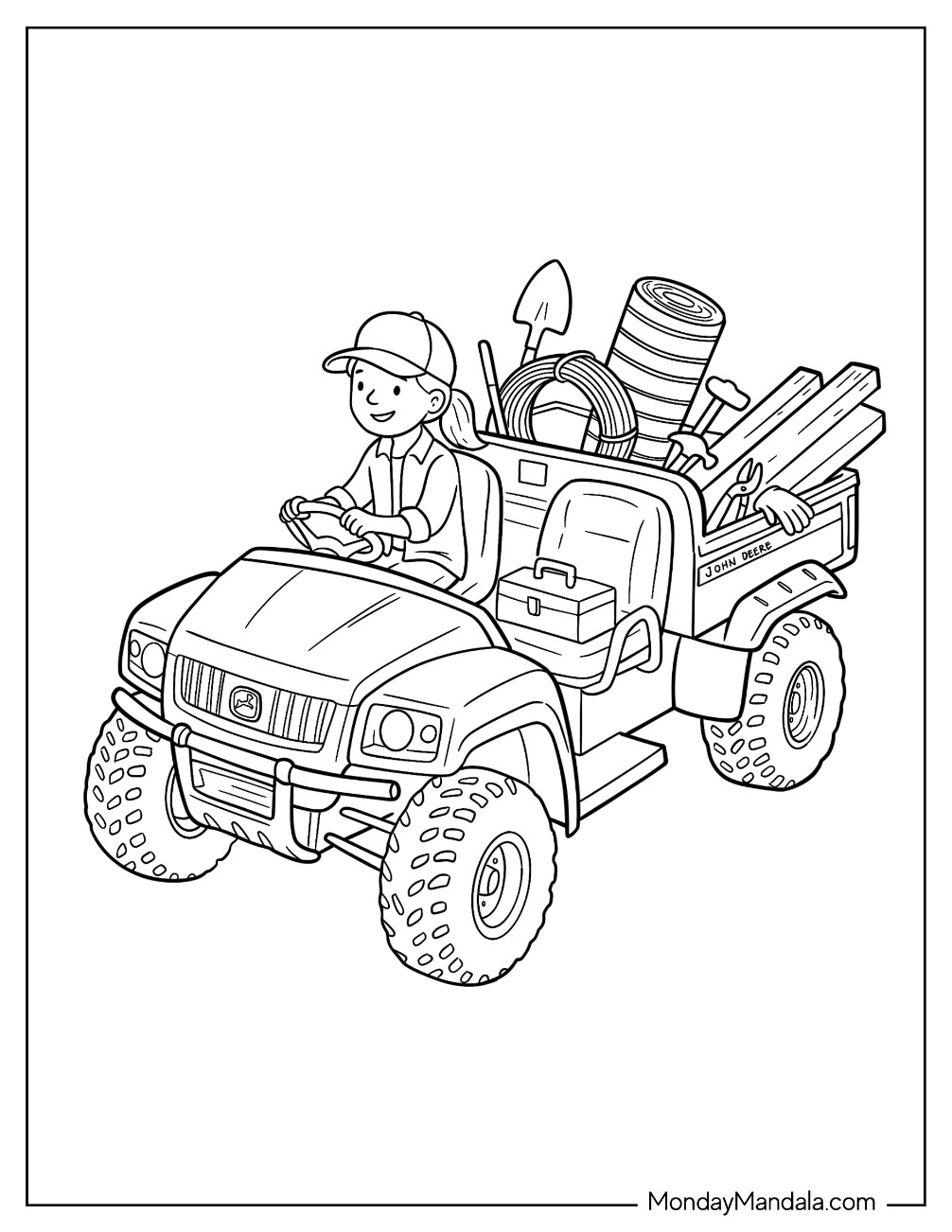 John Deere Gator Utility Vehicle Carrying Farm Tools Coloring Sheet for Kids