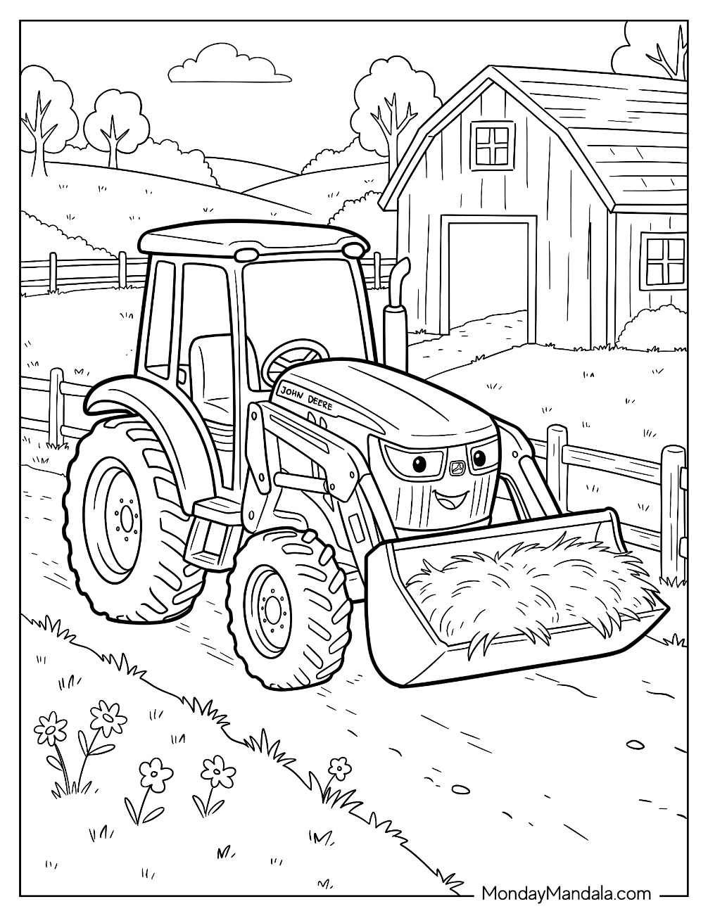 John Deere Tractor Carrying Hay with a Front Loader Coloring Page