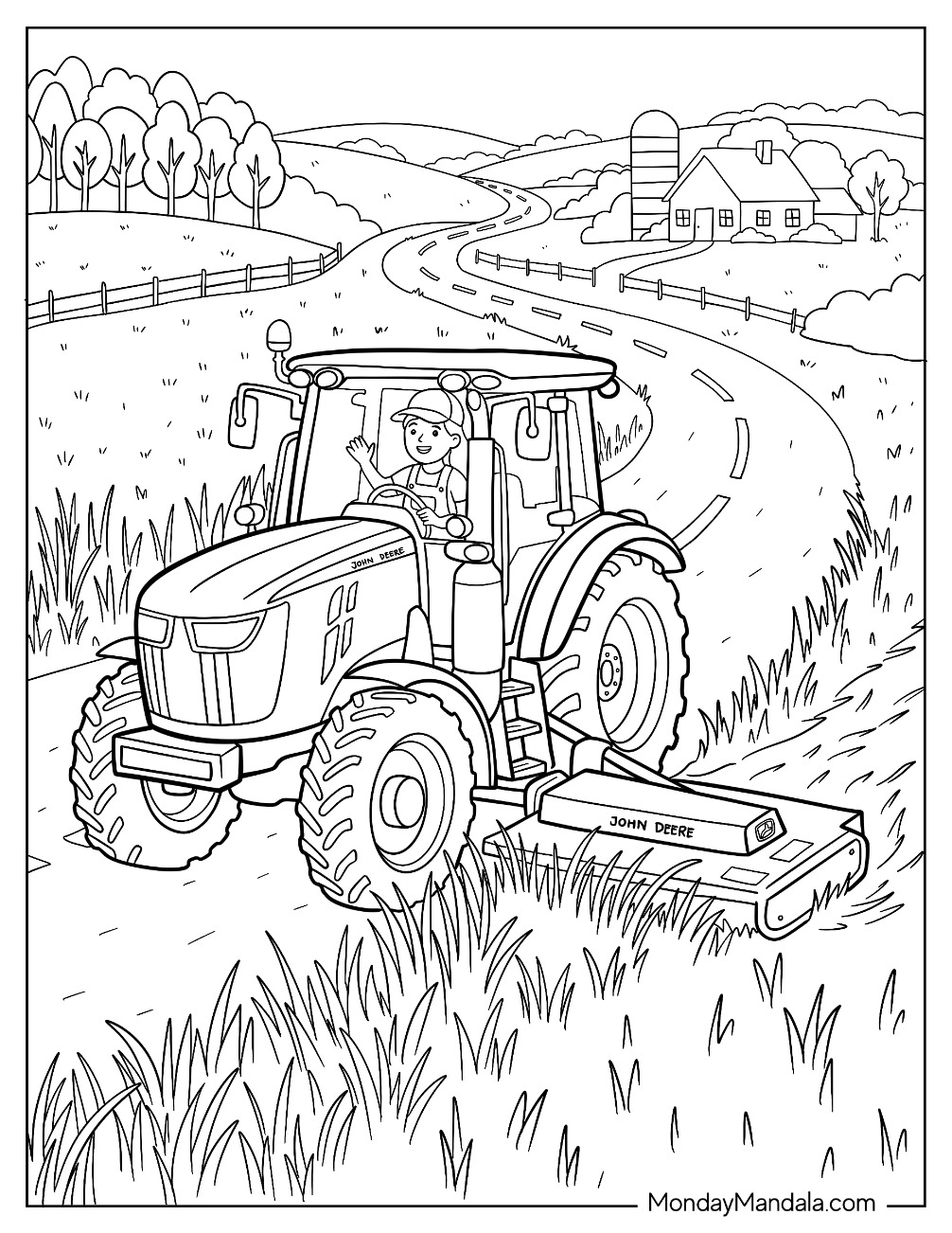 John Deere Tractor Mowing Grass Along a Scenic Country Road Coloring Page
