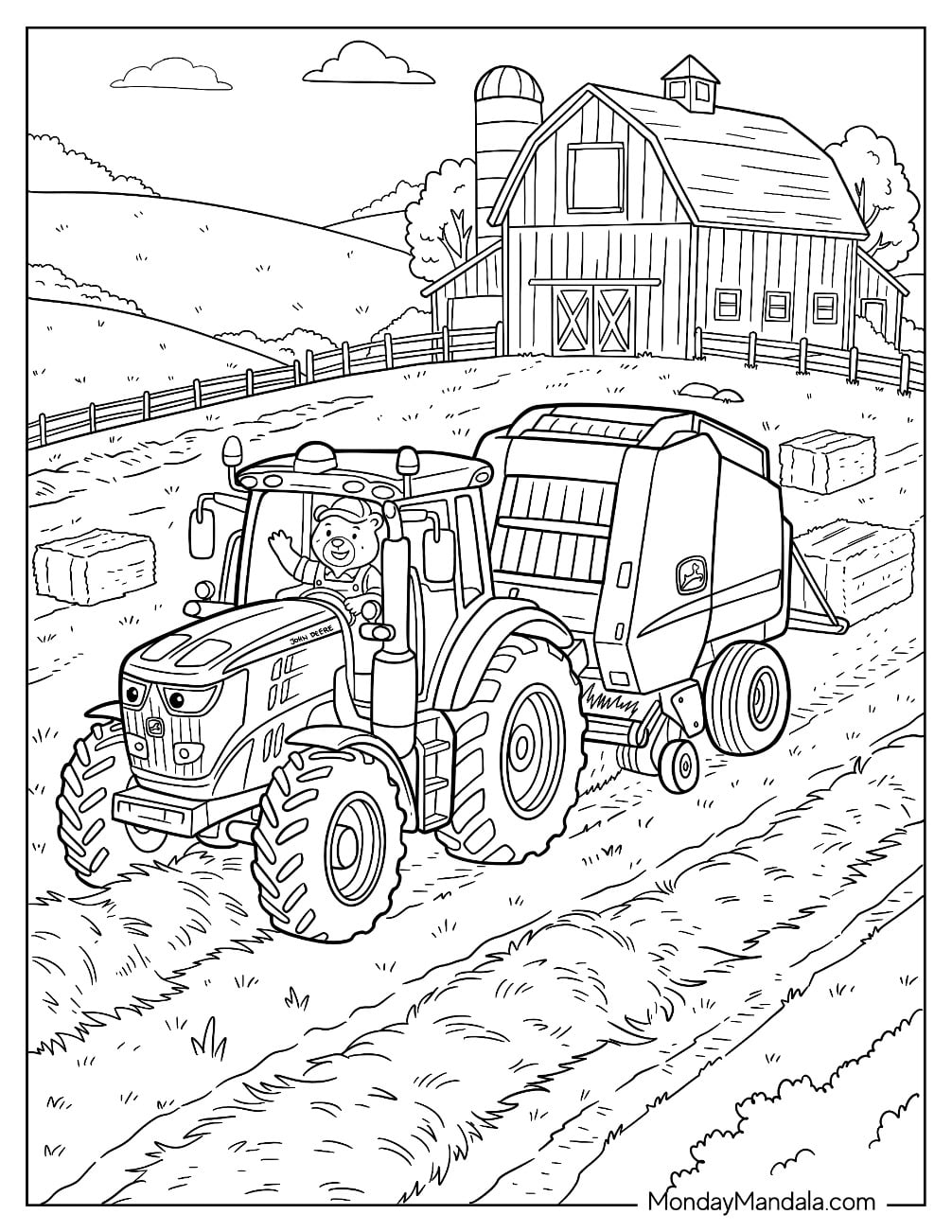 John Deere Tractor Pulling a Hay Baler Coloring Sheet