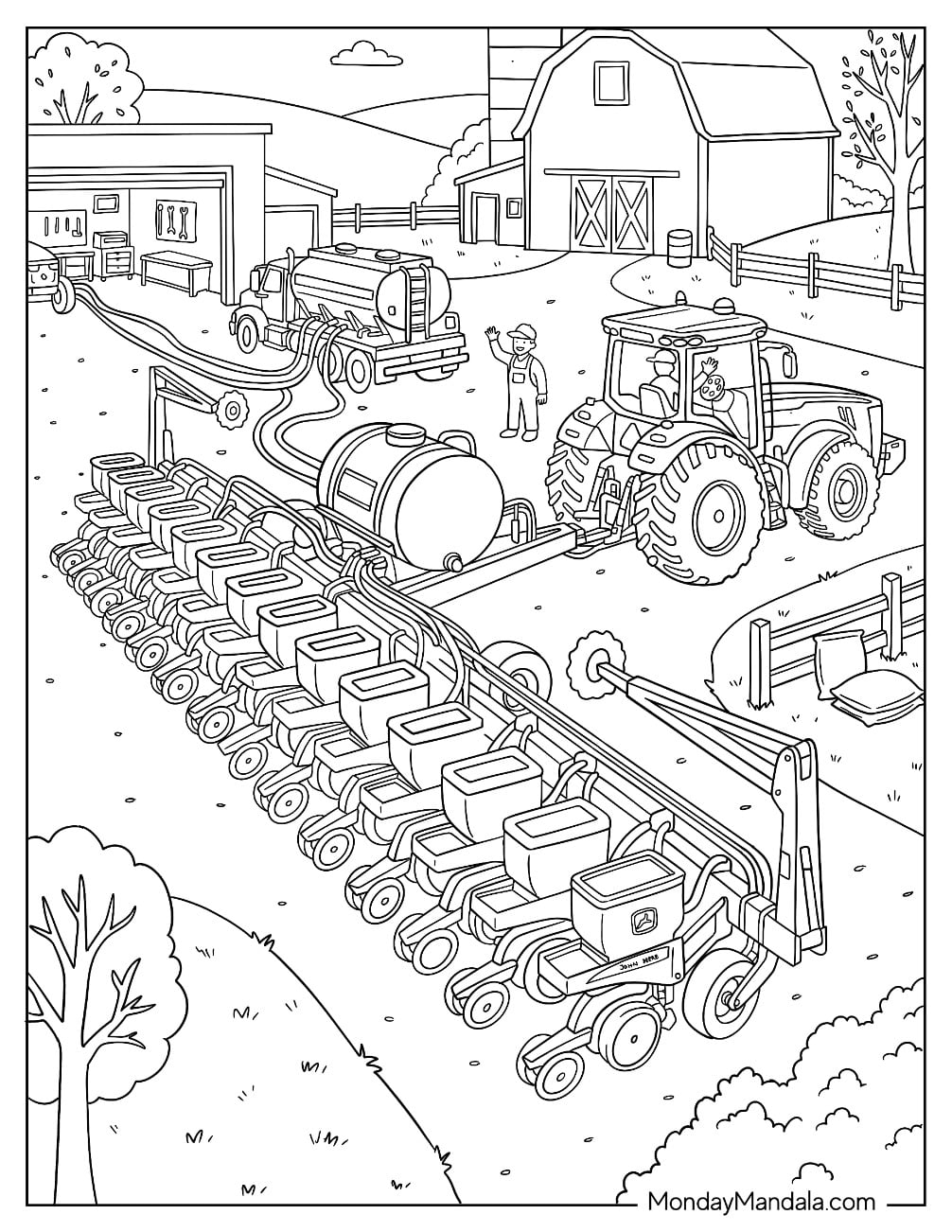 John Deere Tractor Pulling a Precision Row Crop Planter Coloring Page