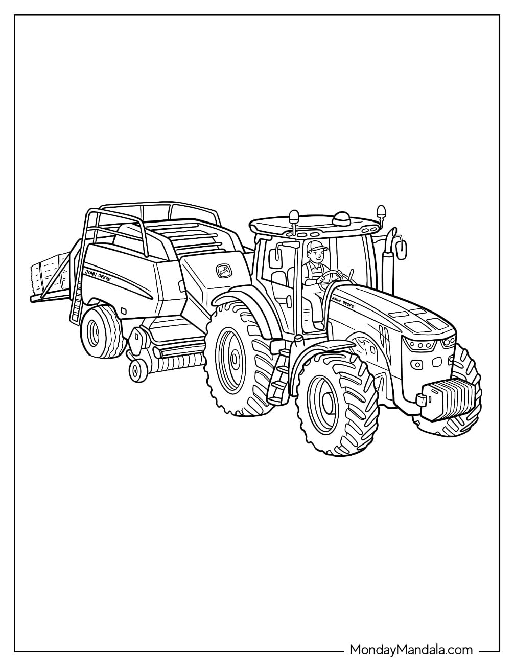 John Deere Tractor Pulling a Round Baler Coloring Page