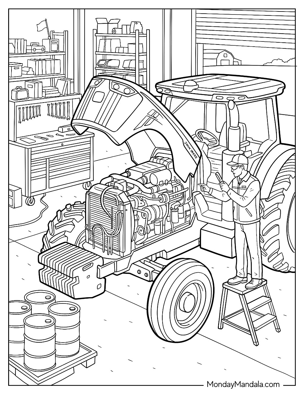John Deere Tractor Undergoing Engine Maintenance