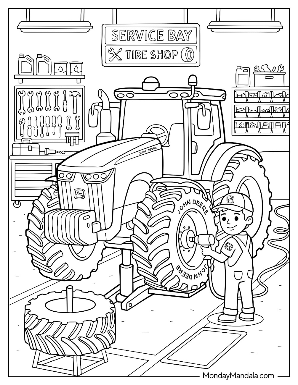 John Deere in a Farm Service Bay Coloring Page