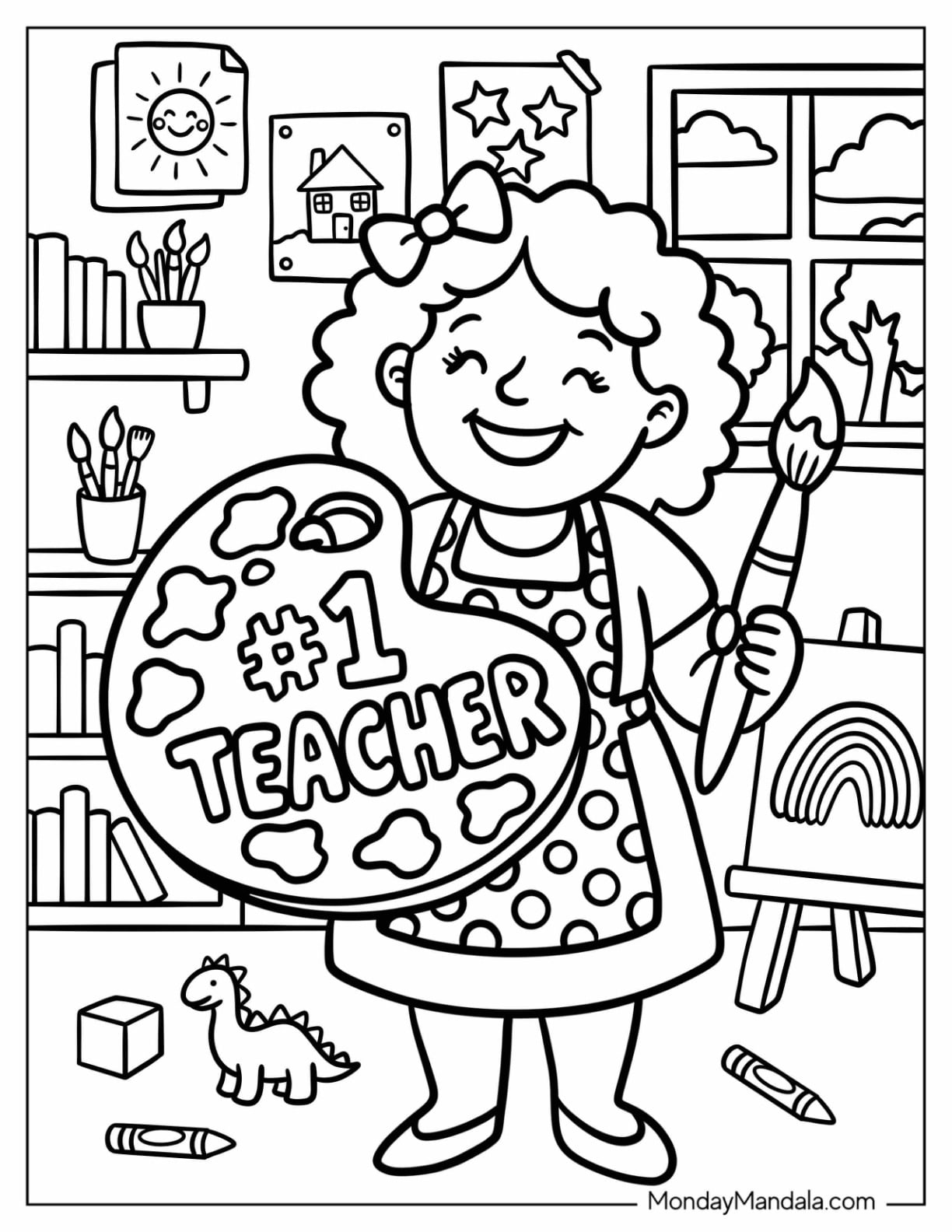 Jolly Art Teacher Coloring Page with Paint Brush and Palette for Kids