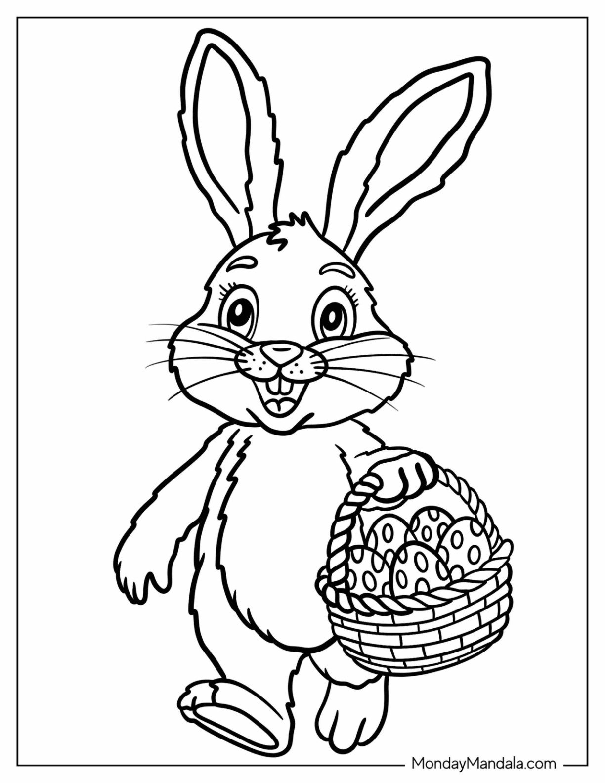 Jolly Easter Bunny Coloring Page Carrying a Basket of Eggs While Walking for Kids