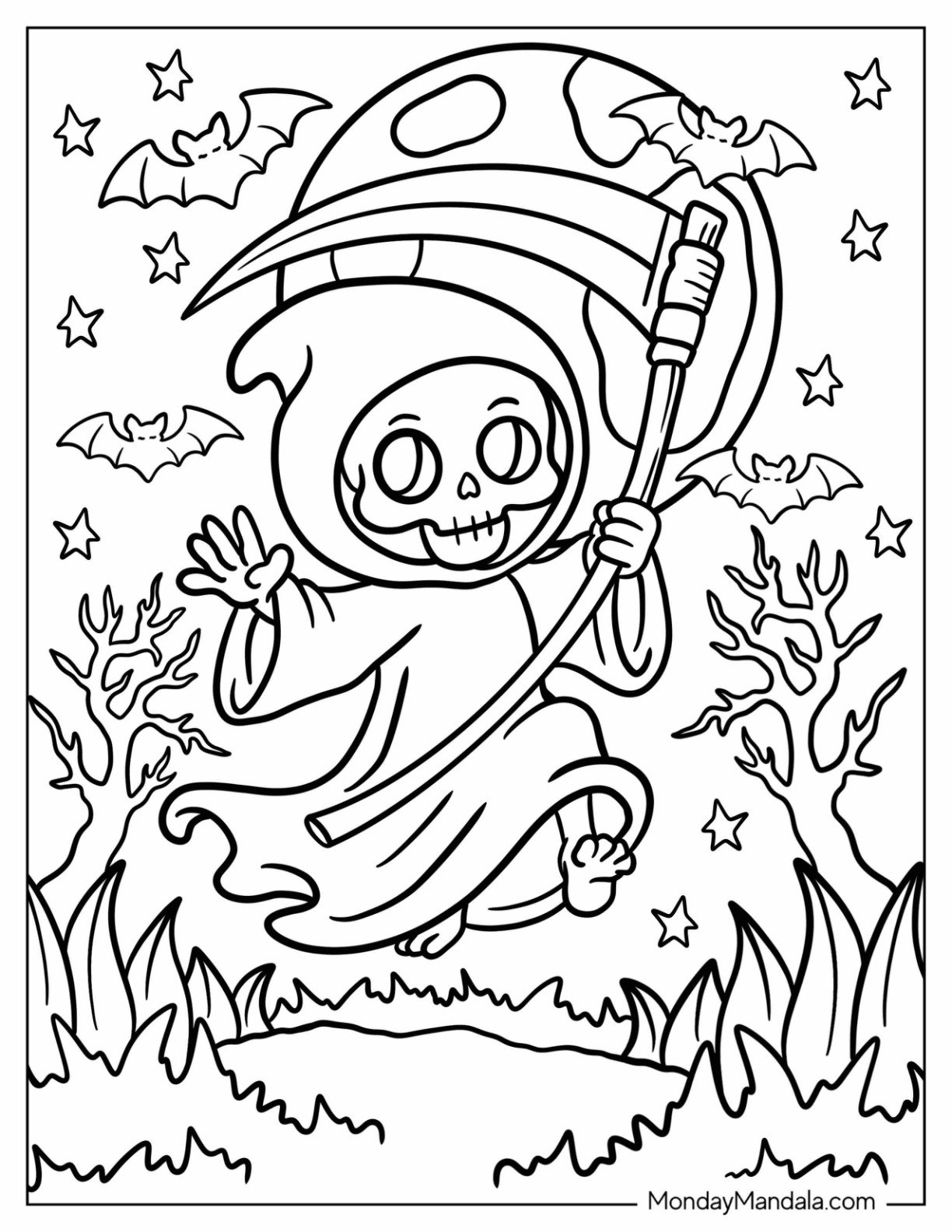 Jolly Grim Reaper Coloring Page Leaping on a Meadow with Full Moon and Bats
