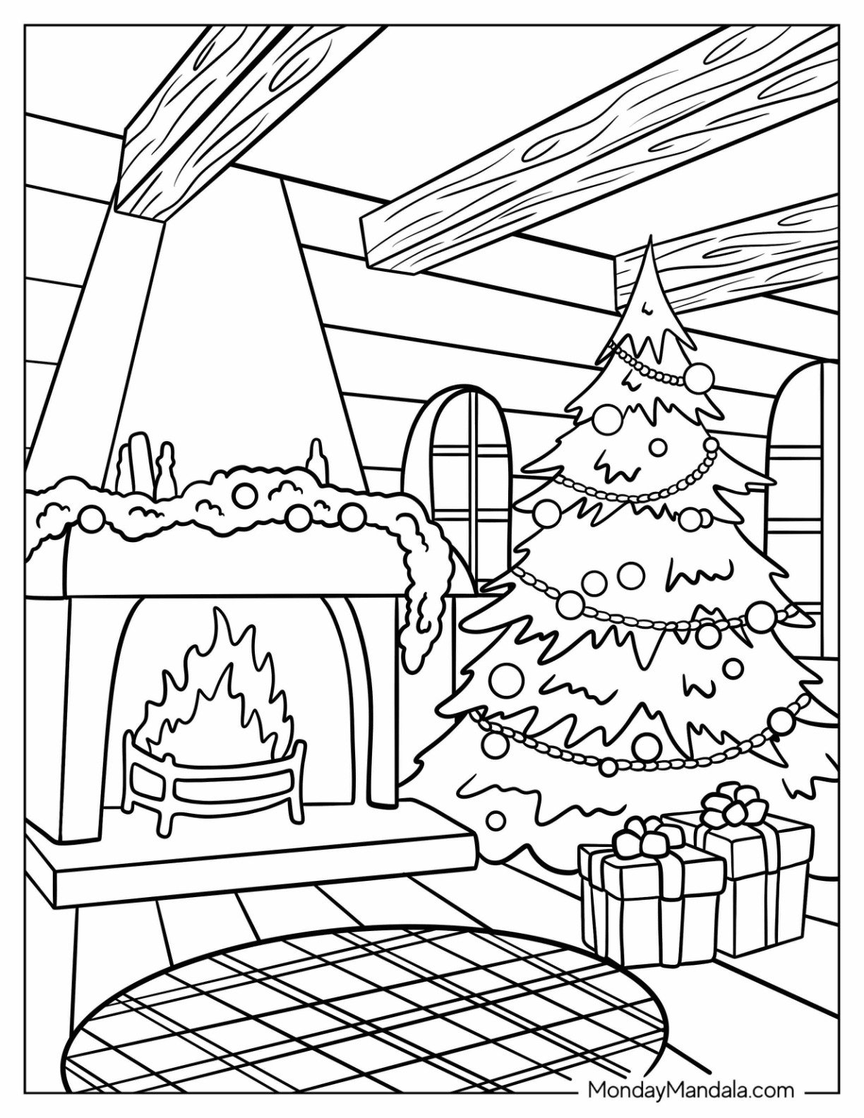 Jolly Living Room Fireplace Coloring Page On Christmas With Tree And Presents