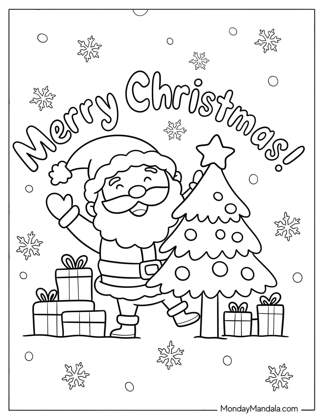 Jolly Santa Claus Decorating a Christmas Tree Coloring Page for Kids