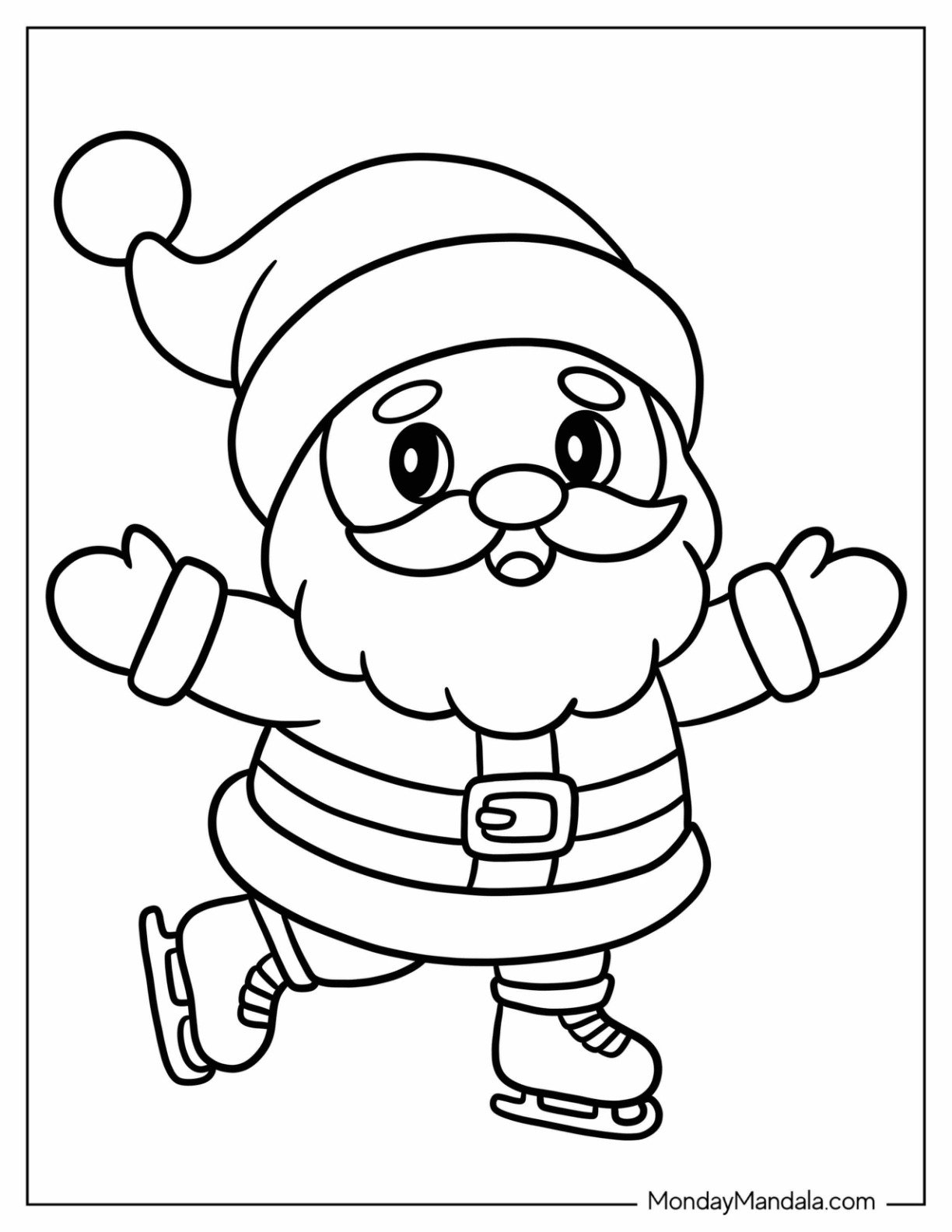 Jolly Santa Wearing Mittens and Boots While Skating Coloring Page for Preschoolers