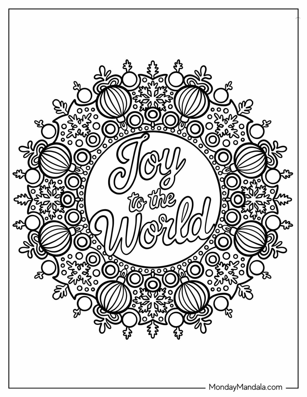 Joy to the World Text Inside Christmas Bauble Mandala with Snowflakes Coloring Page