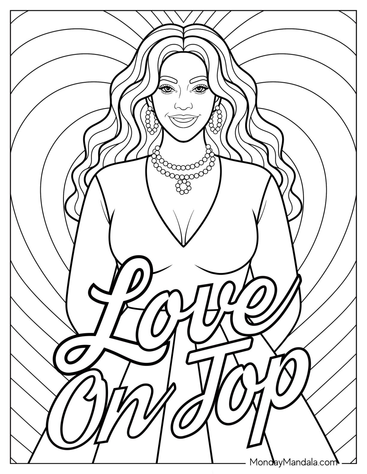 Joyful Beyoncé Coloring Page Surrounded by Hearts and Wearing Pearls with ‘Love On Top’ Text