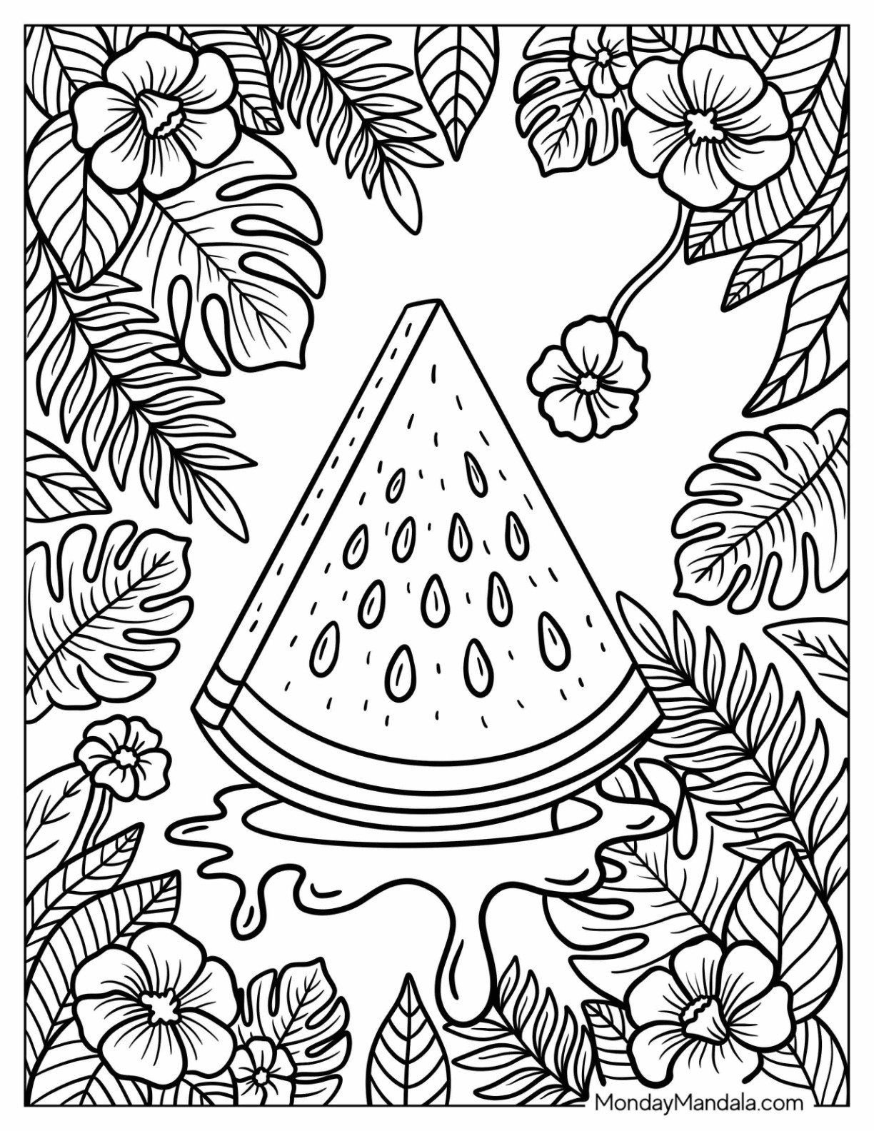 Juicy Watermelon Coloring Page Slice on a Tropical Leafy Backdrop