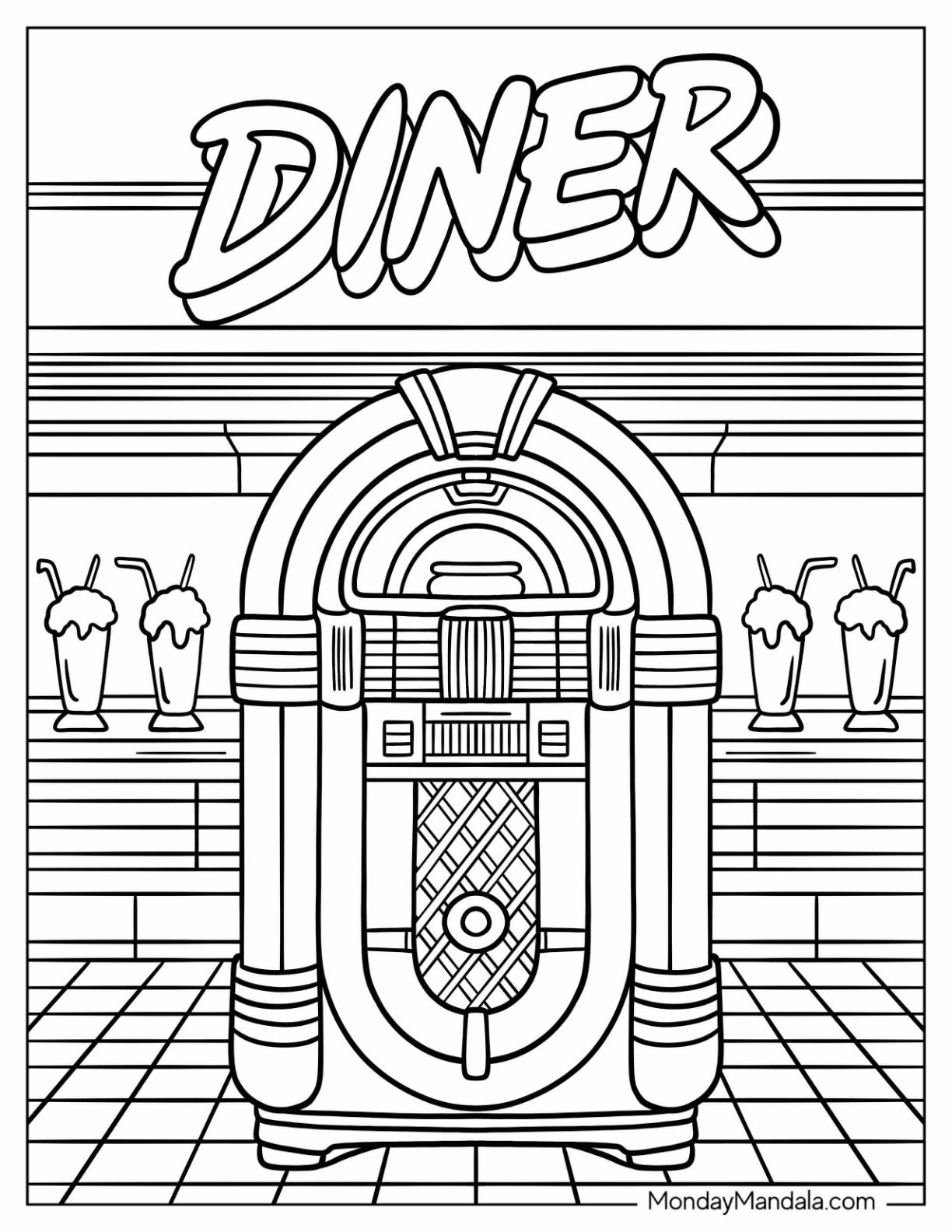 Jukebox and Milkshakes in Retro 80's Coloring Page of Diner