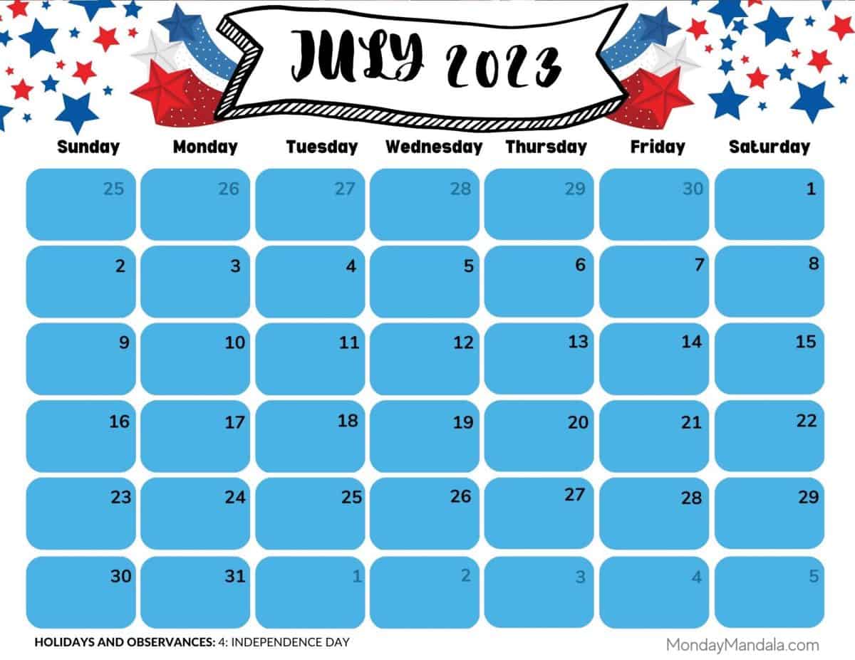 July 2023 Printable Calendar 52 - July 2023 Calendar Printable Independence Day 3 Landscape 1200x927 