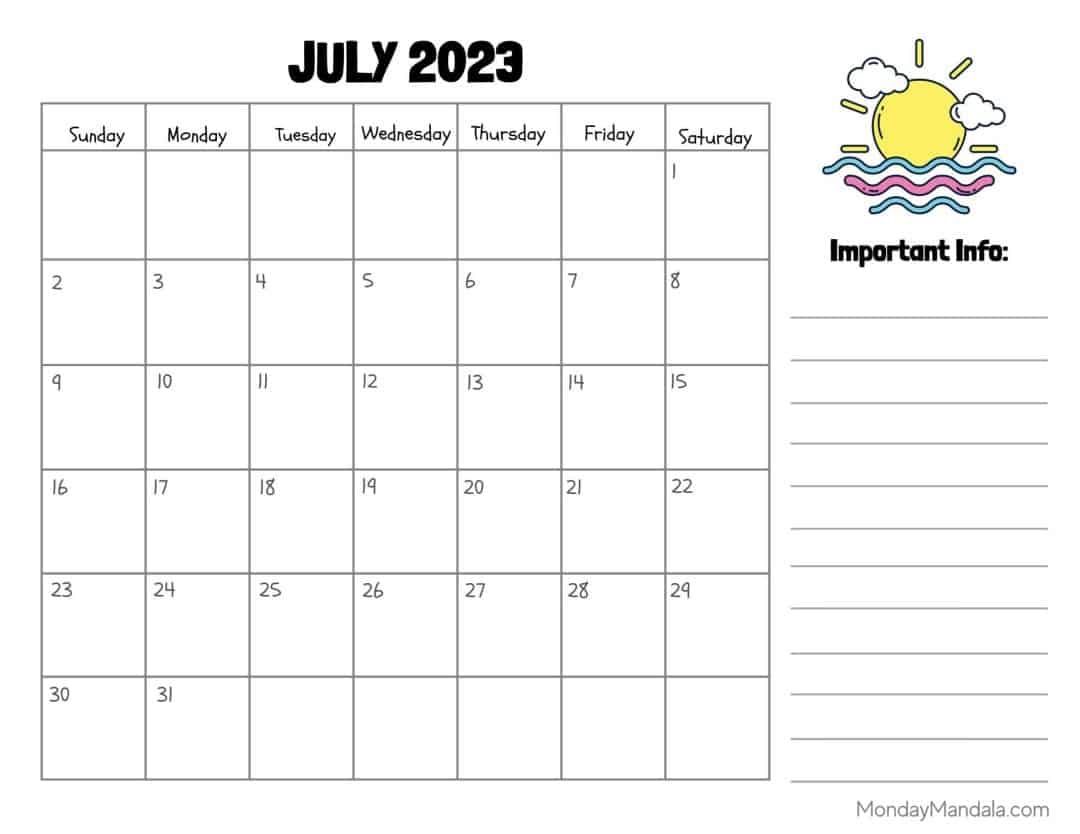 July 2023 Printable Calendar (52 Free PDF Printables)