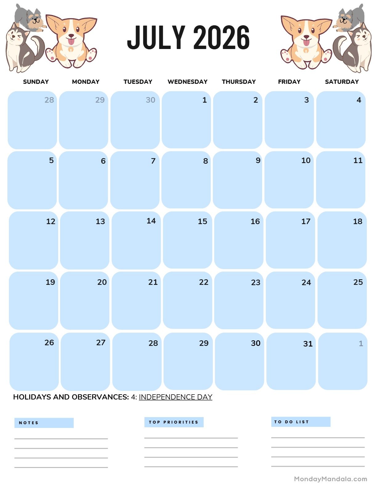 July 2026 Calendar Printable Dogs Portrait v3