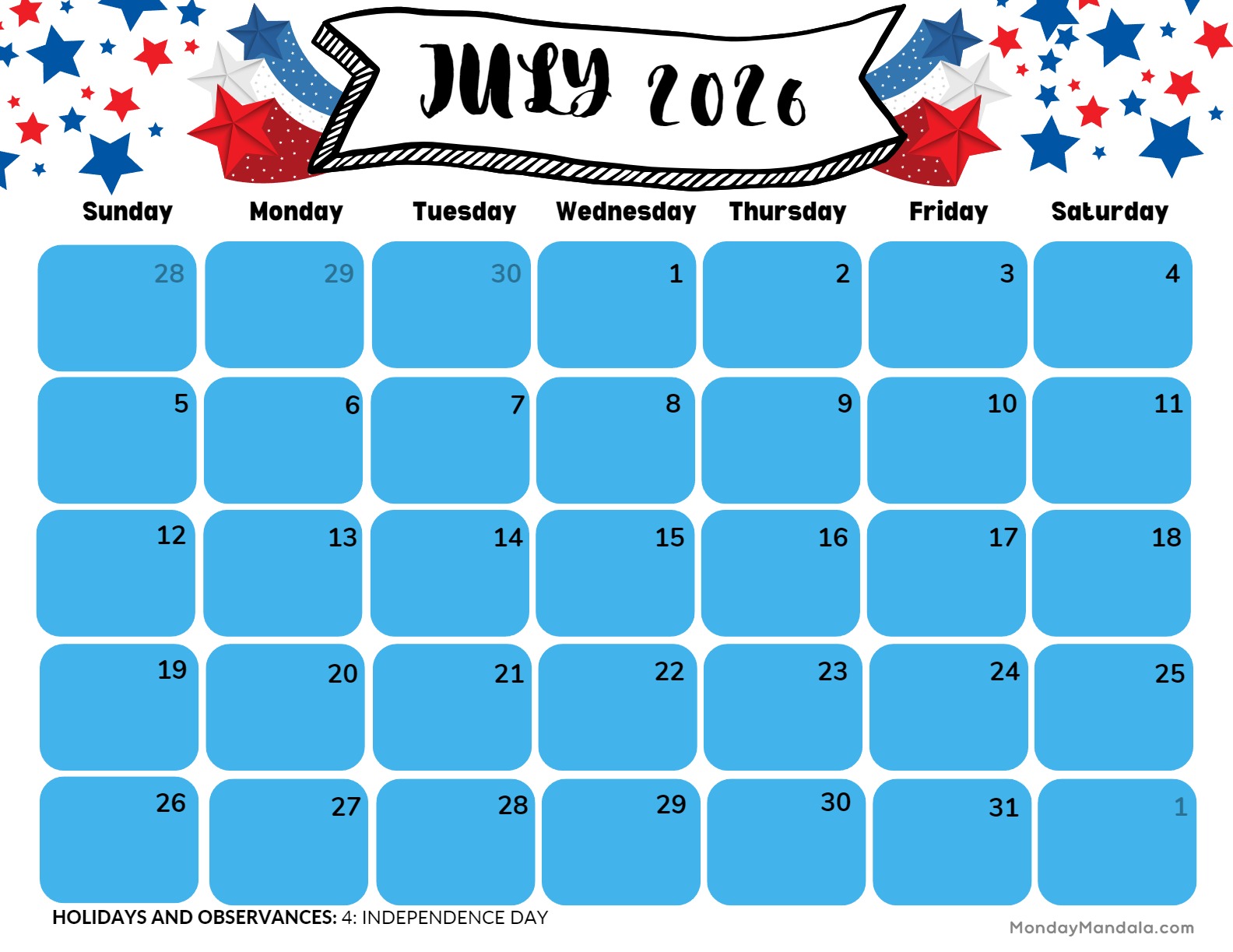Blank July 2026 Calendar Printable Free Printables Templates Free