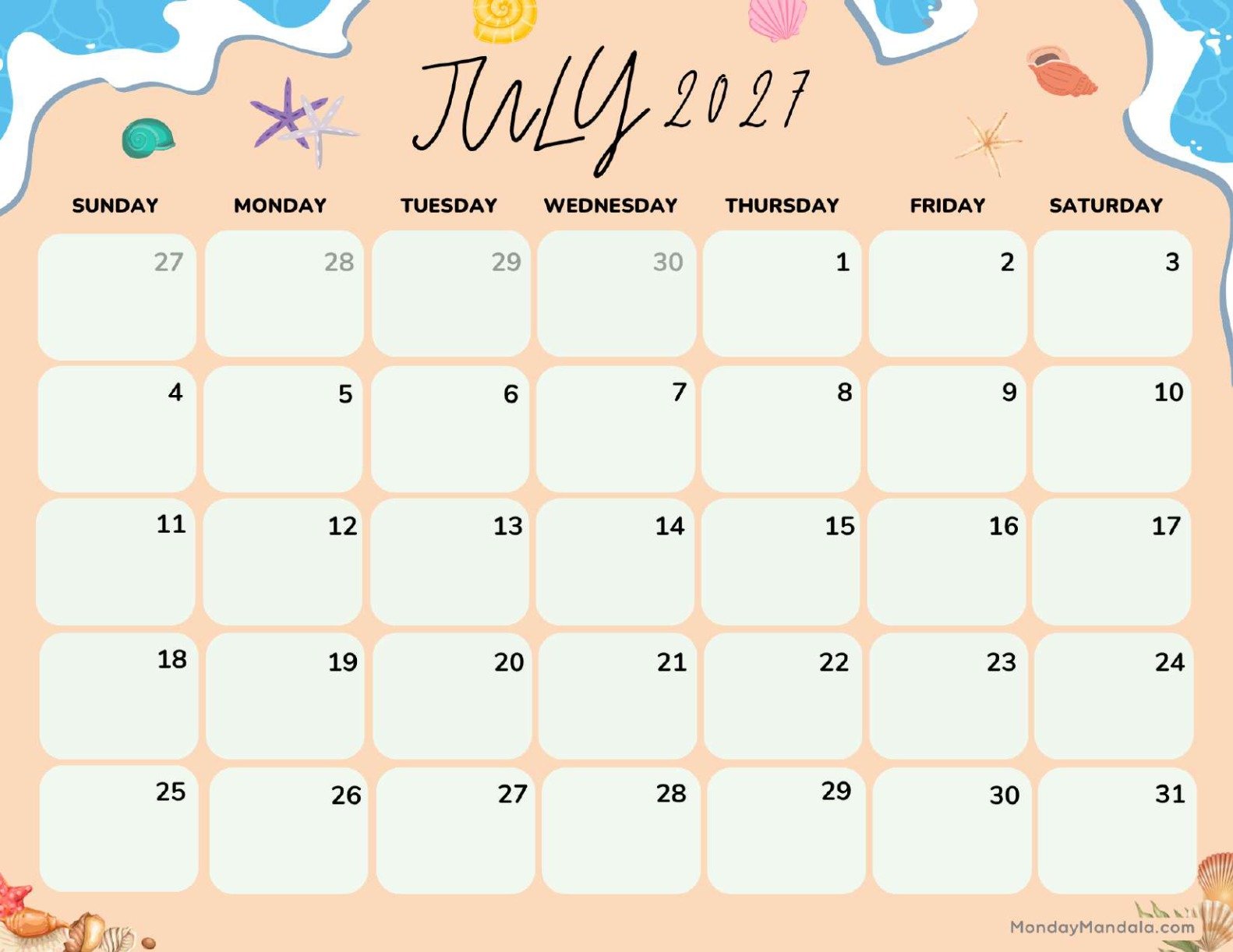 July 2027 Calendar Printable Beach Landscape