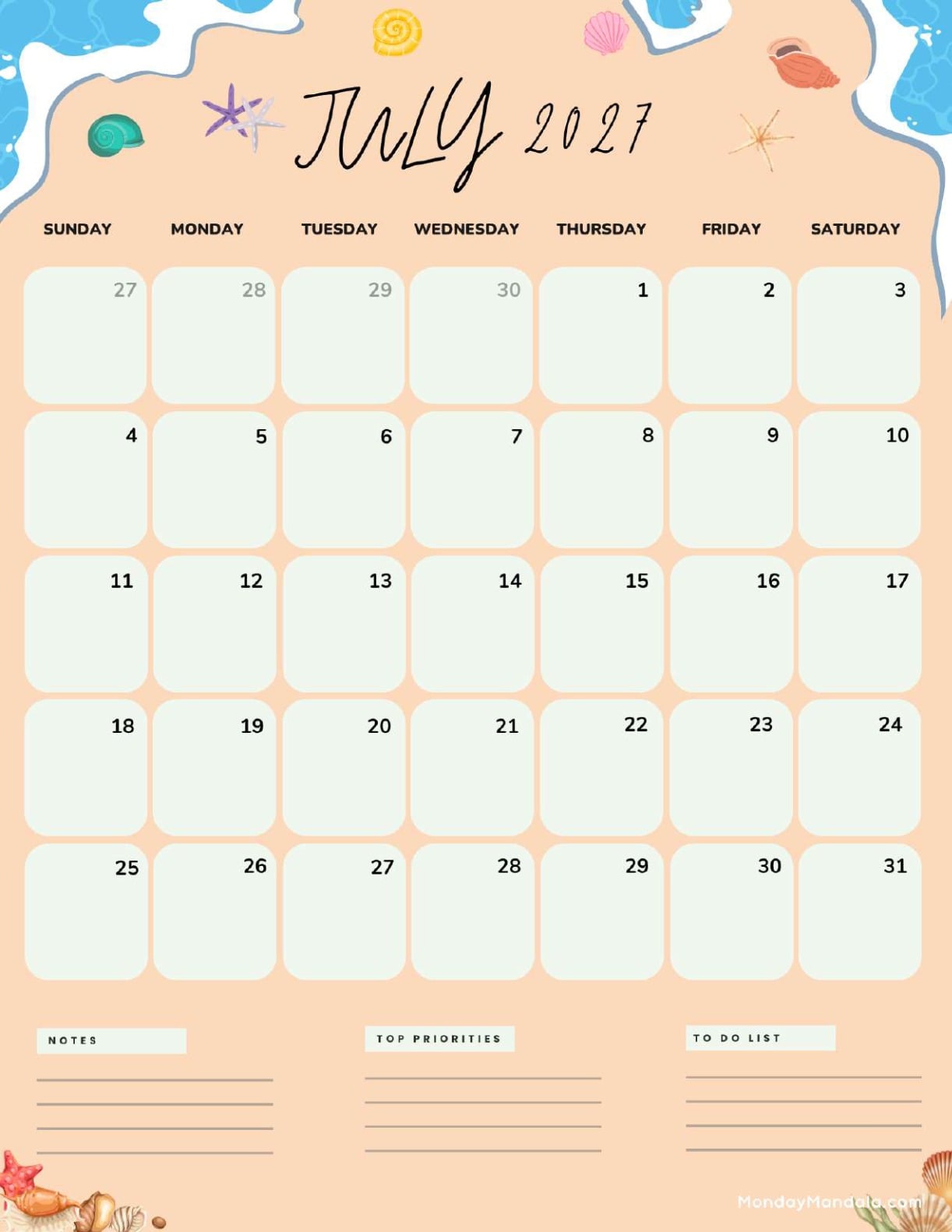 July 2027 Calendar Printable Beach Portrait