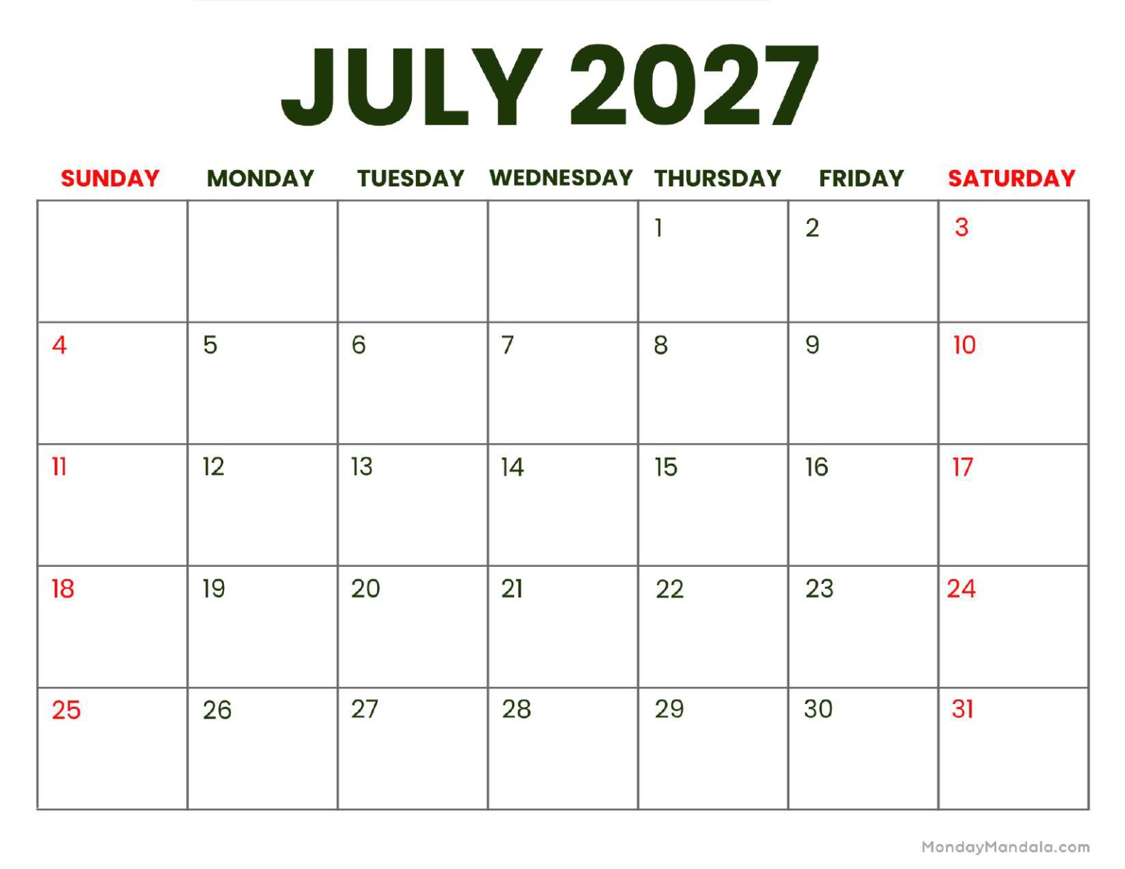 July 2027 Calendar Printable Business Landscape