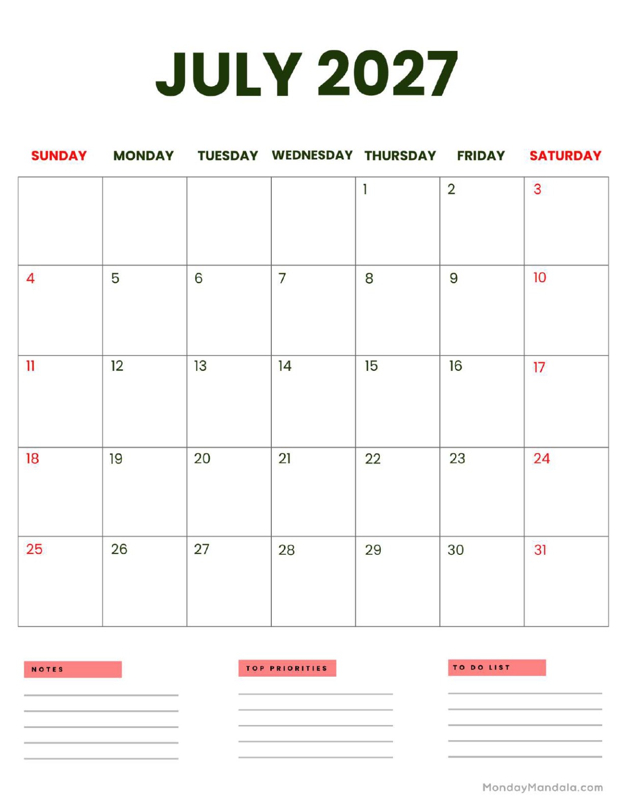 July 2027 Calendar Printable Business Portrait