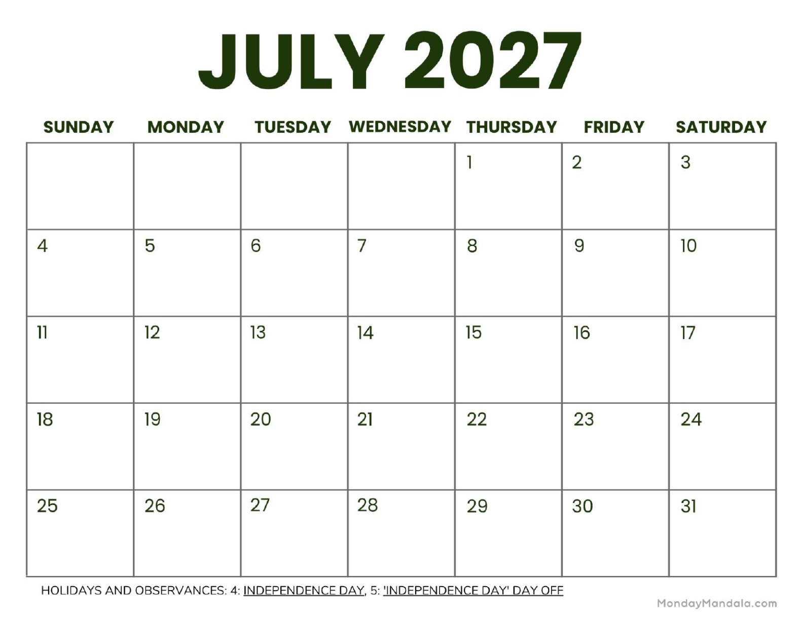July 2027 Calendar Printable Business2 Landscape