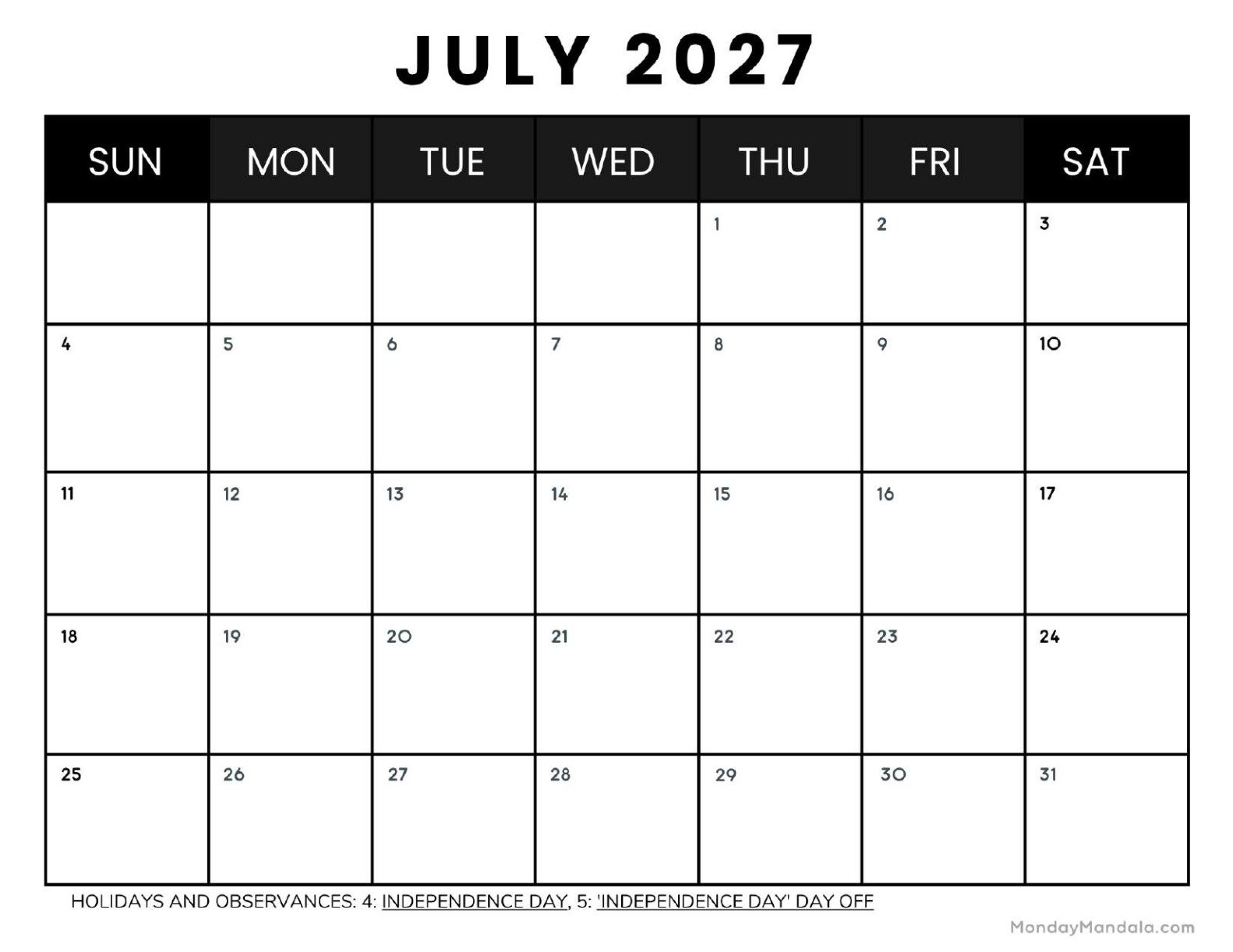 July 2027 Calendar Printable Business4 Landscape